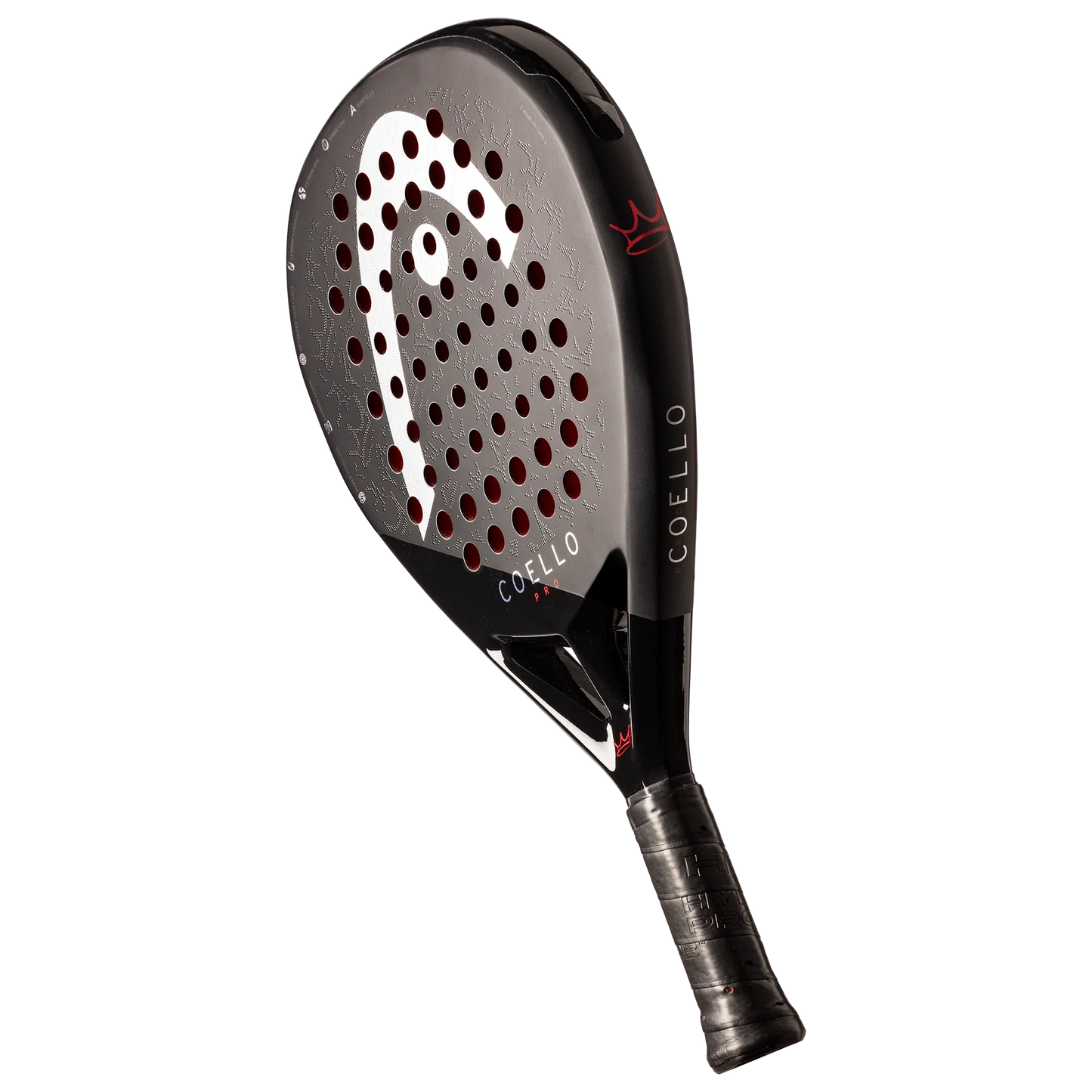 The Head Coello Pro padel racket from Padel USA features a black and silver design with red accents, Auxetic 2.0 tech, circular holes, "COELLO" on the frame, and a black grip—angled stylishly on a plain white background.