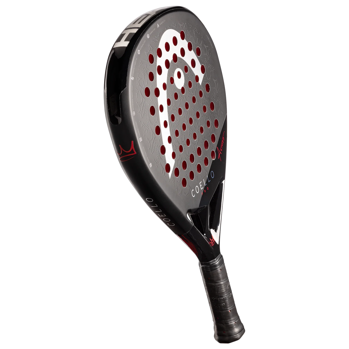The Padel USA Head Coello Pro 2025 padel racket features a black and gray teardrop-shaped frame with red accents, round holes, Auxetic 2.0 tech, “Head” and “Coello” branding, and a black grip-wrapped handle.