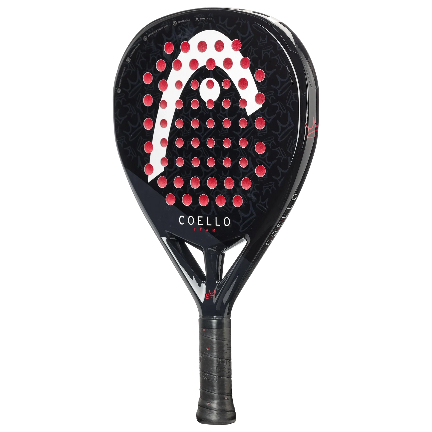 The Head Coello Team by Padel USA is a black teardrop-shaped padel racket featuring red circular holes, a large white logo, "COELLO TEAM" text, Auxetic 2.0 tech, a glossy finish, and subtle star patterns.