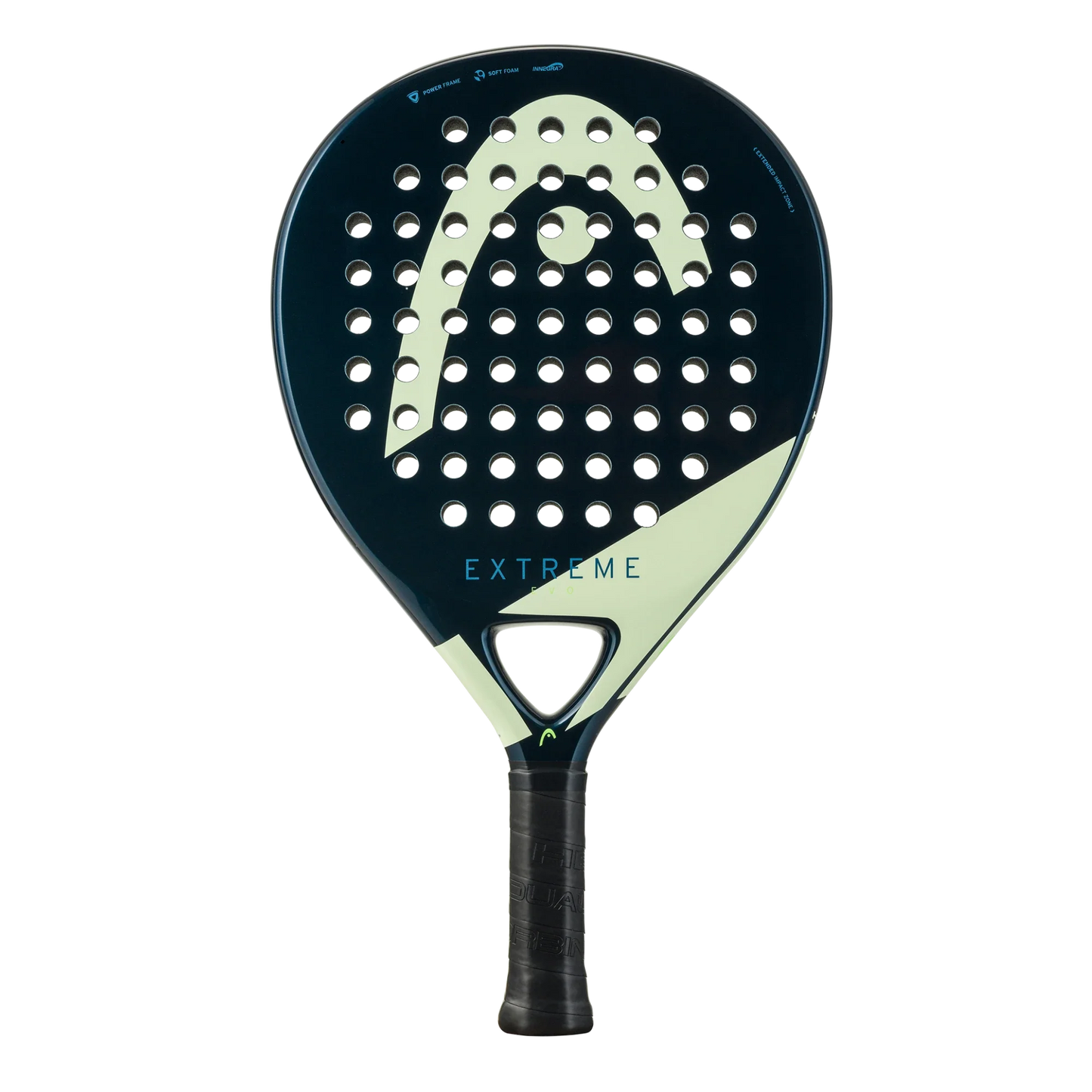 The Head EVO Extreme 2025 by Padel USA features a black and light green design with a large Head logo, multiple face holes, "EXTREME" at the base, and a black grip—ideal for beginners.