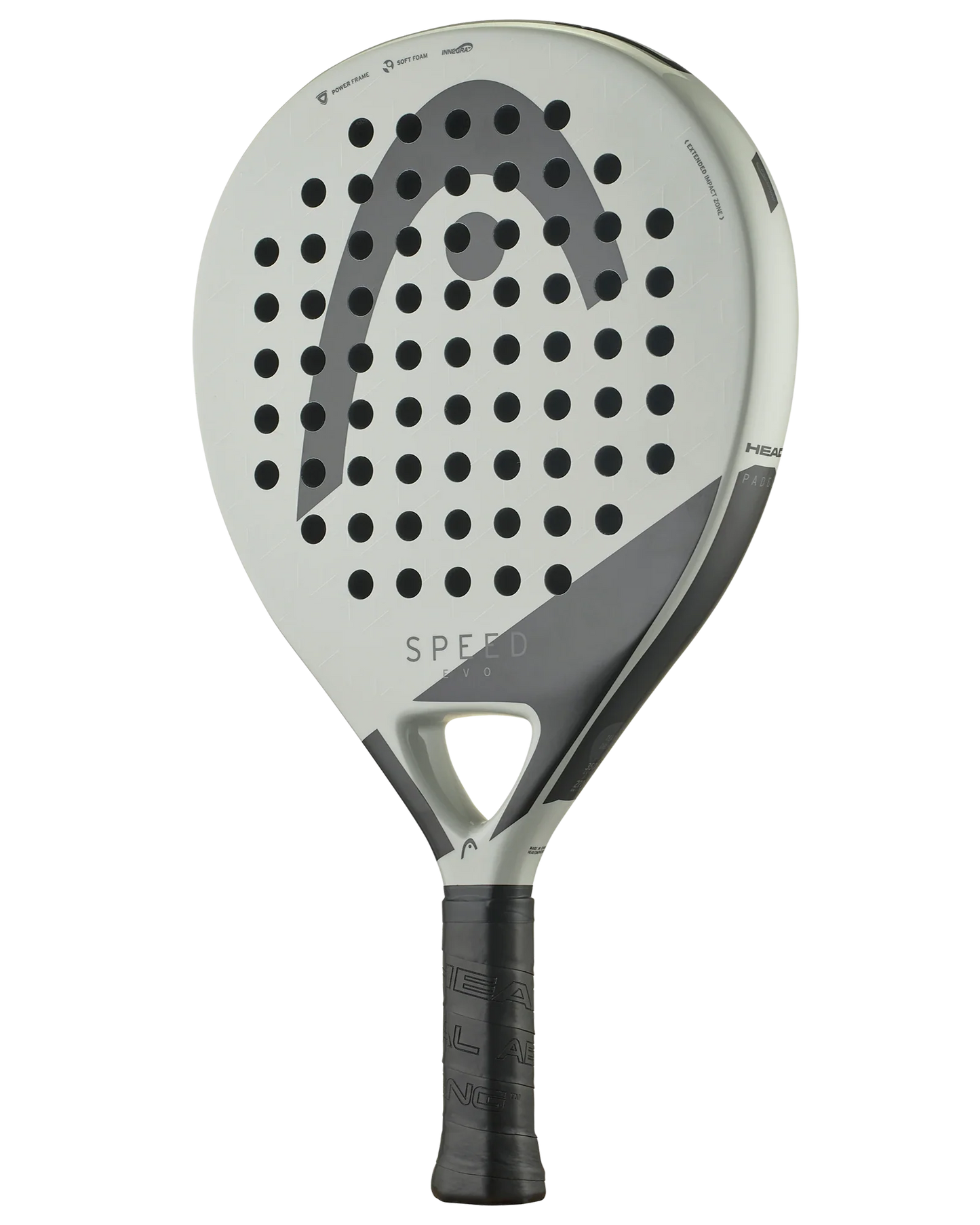 The Head Evo Speed by Padel USA is a modern padel racquet in light gray with black accents, a rounded teardrop shape, large HEAD logo, perforated surface, Innegra technology for stability, and “SPEED” on the front.