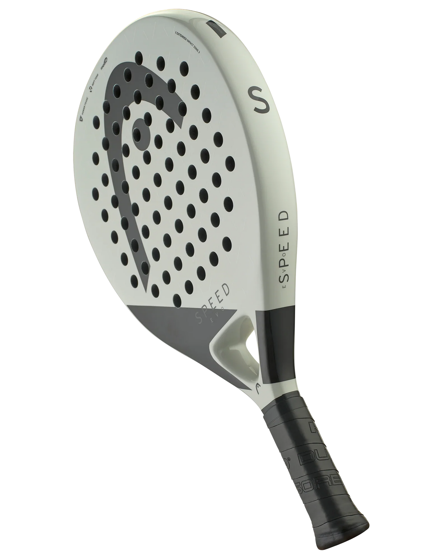 The Head Evo Speed by Padel USA is a white and gray teardrop-shaped padel racquet with a black grip, round hole pattern, and bold black graphics. "SPEED" and "S" appear on the frame against a plain white background.