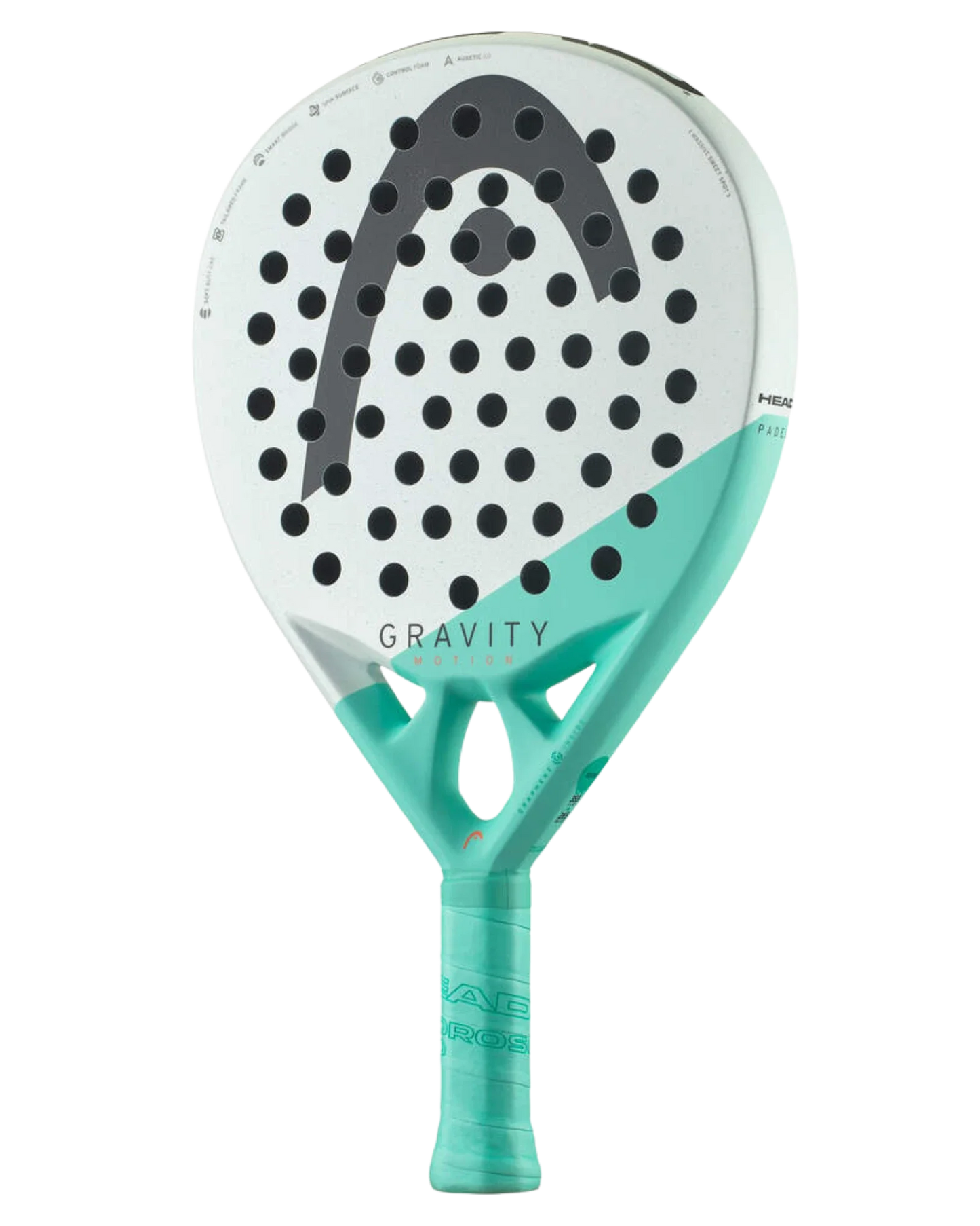 The Head Gravity Motion by Padel USA is a teal and white 2024 padel racket with a black “A” logo, Auxetic 2.0 tech, perforated face, and matching teal grip—ideal for advanced tournament play.