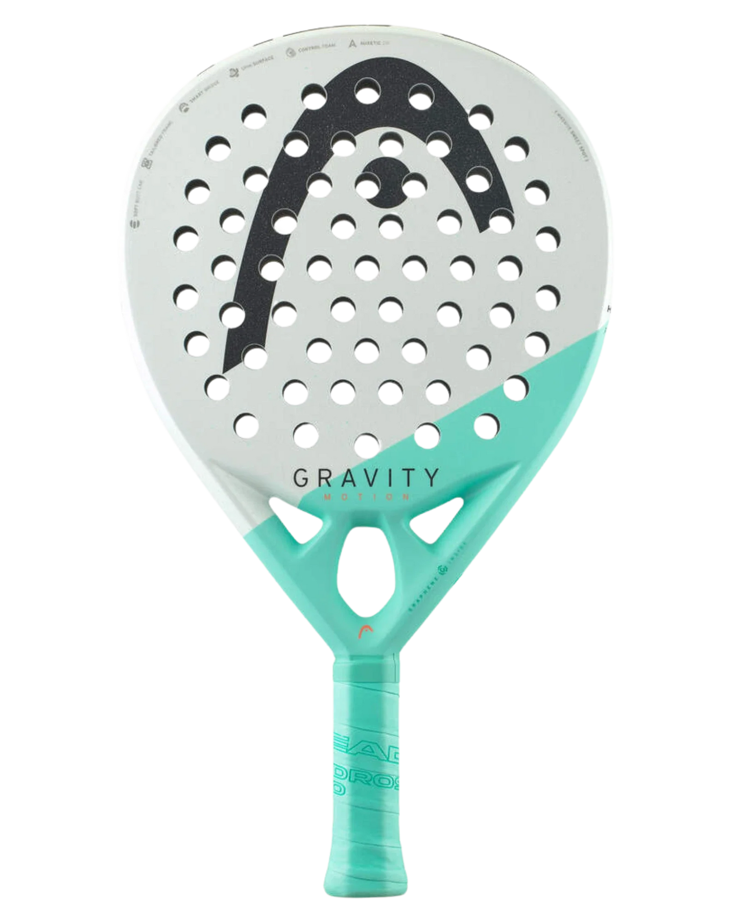 The Head Gravity Motion by Padel USA is a teardrop-shaped racket with a white and turquoise design, Auxetic 2.0 tech, a large black HEAD logo, round holes, and a textured turquoise grip—ideal for advanced tournament play.