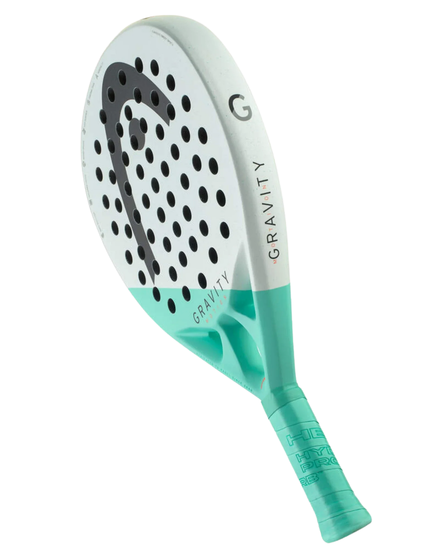 The Head Gravity Motion by Padel USA is a 2024 tournament paddle with Auxetic 2.0 tech, white and turquoise design, black logo, perforated surface, "GRAVITY" on the side, and turquoise handle with “HEAD” branding.