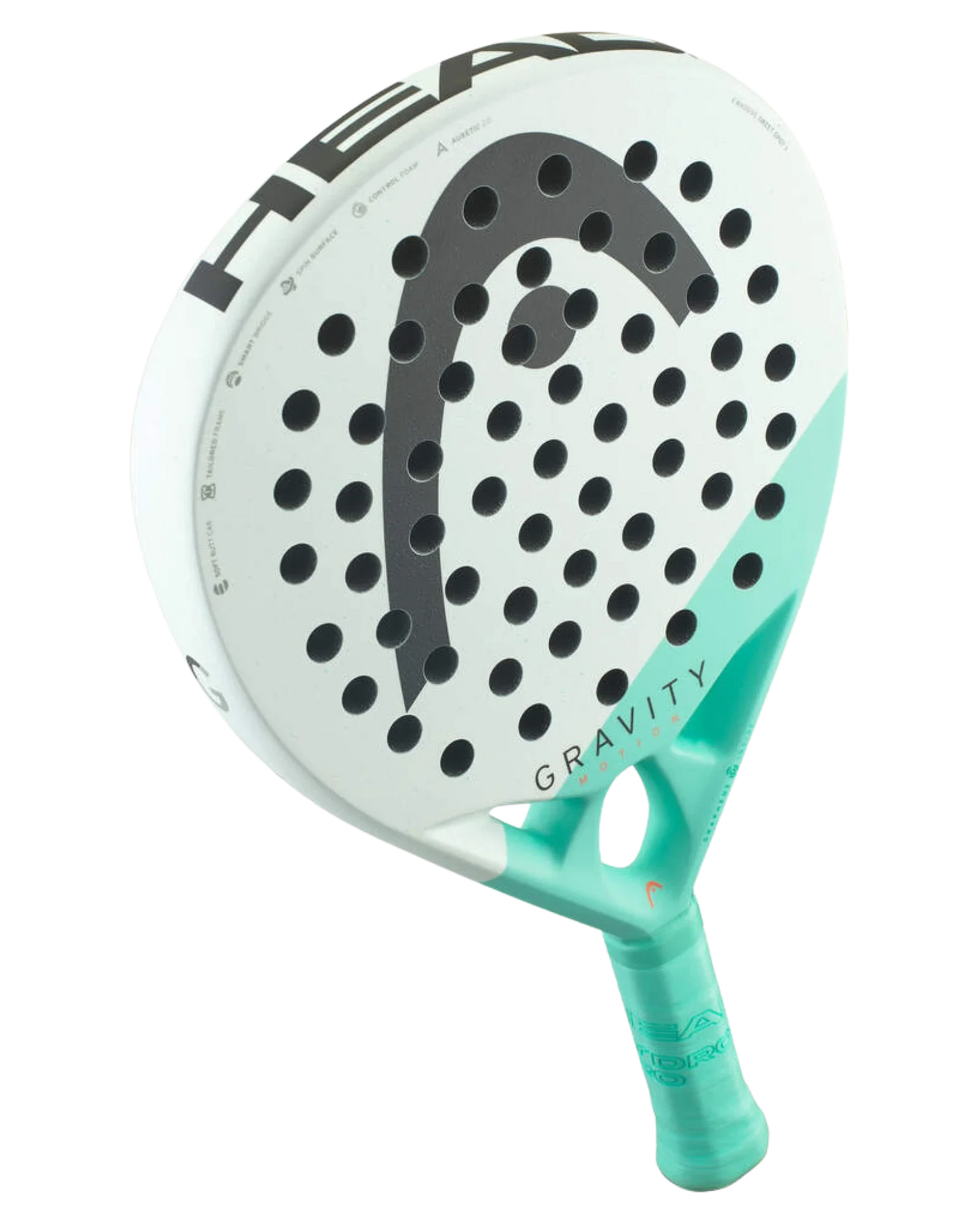 A close-up of the Padel USA Head Gravity Motion tennis racket, featuring Auxetic 2.0 technology.