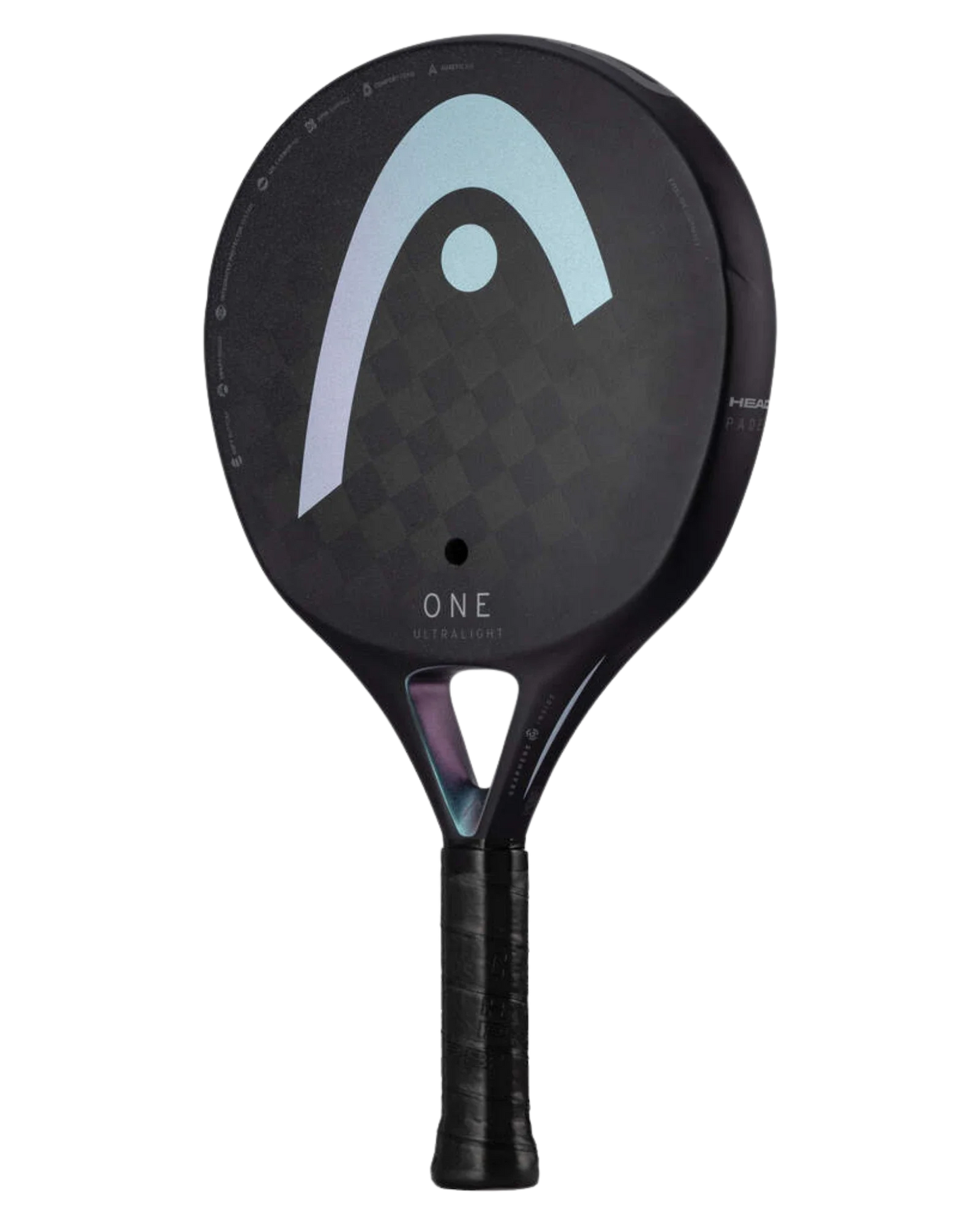 The Padel USA Head One Ultralight Black pickleball paddle has a subtle checkered pattern, gradient Head logo, Spin Surface technology, and "ONE ULTRALIGHT" near the throat, with black grip tape for a sleek, modern look.