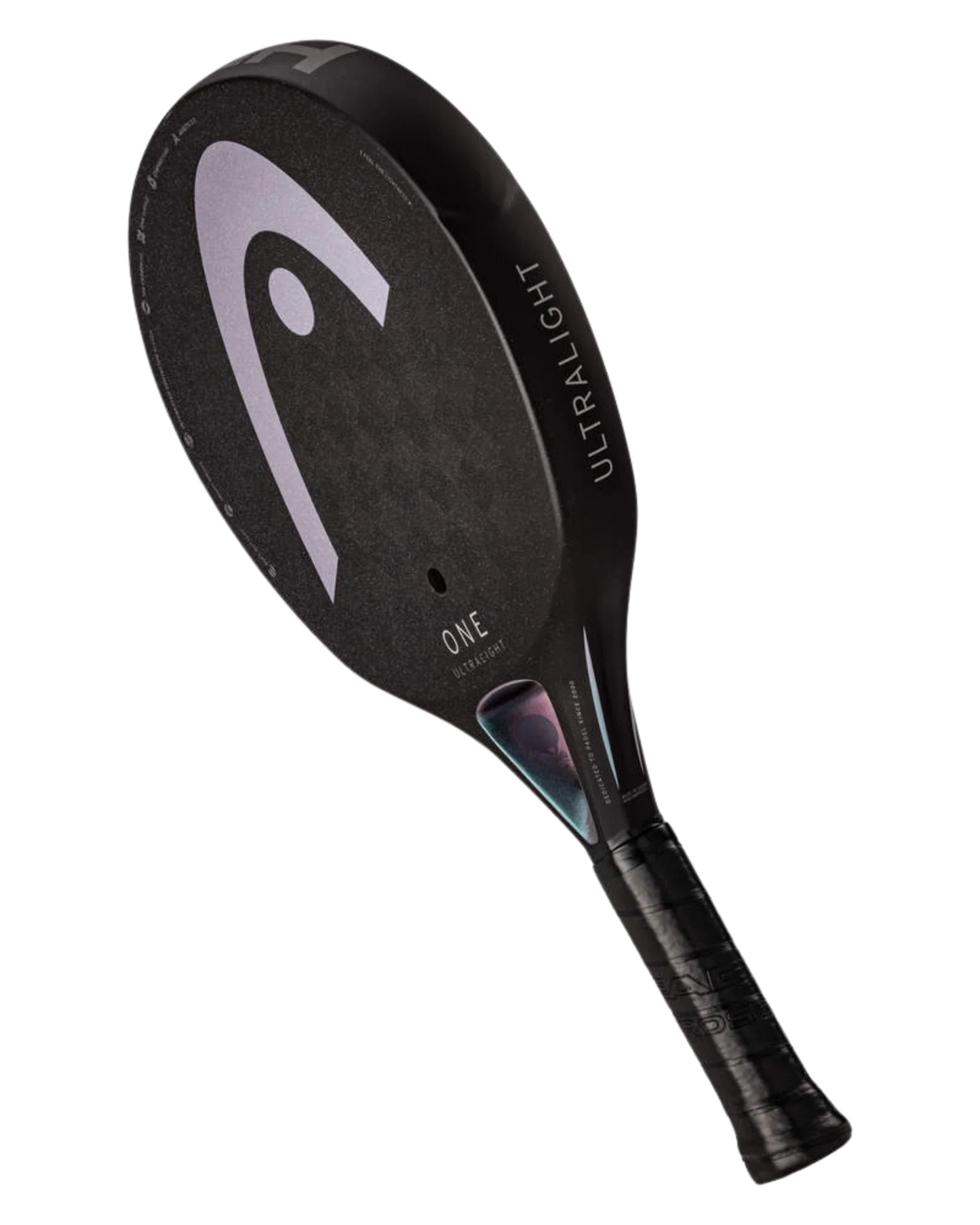 The Head One Ultralight Black by Padel USA is the lightest adult padel racket, featuring Spin Surface tech, a matte textured finish, black grip tape, and a large light purple "HEAD" logo with “ULTRALIGHT” and “ONE” on the side.