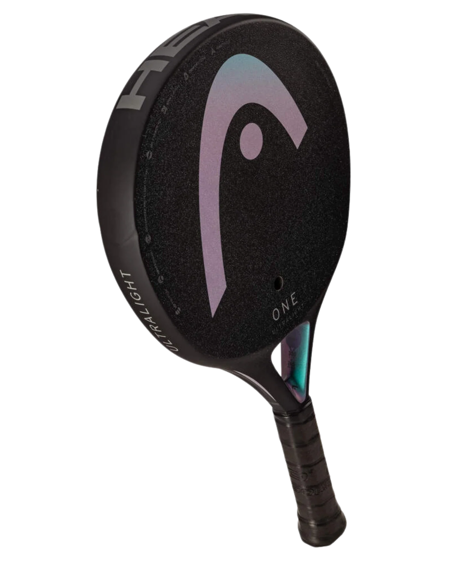 The Padel USA Head One Ultralight Black pickleball paddle features a 12K carbon hitting surface, large iridescent logo, "ONE" near the handle, black grip tape, "ULTRALIGHT" on the edge, and Spin Surface technology.
