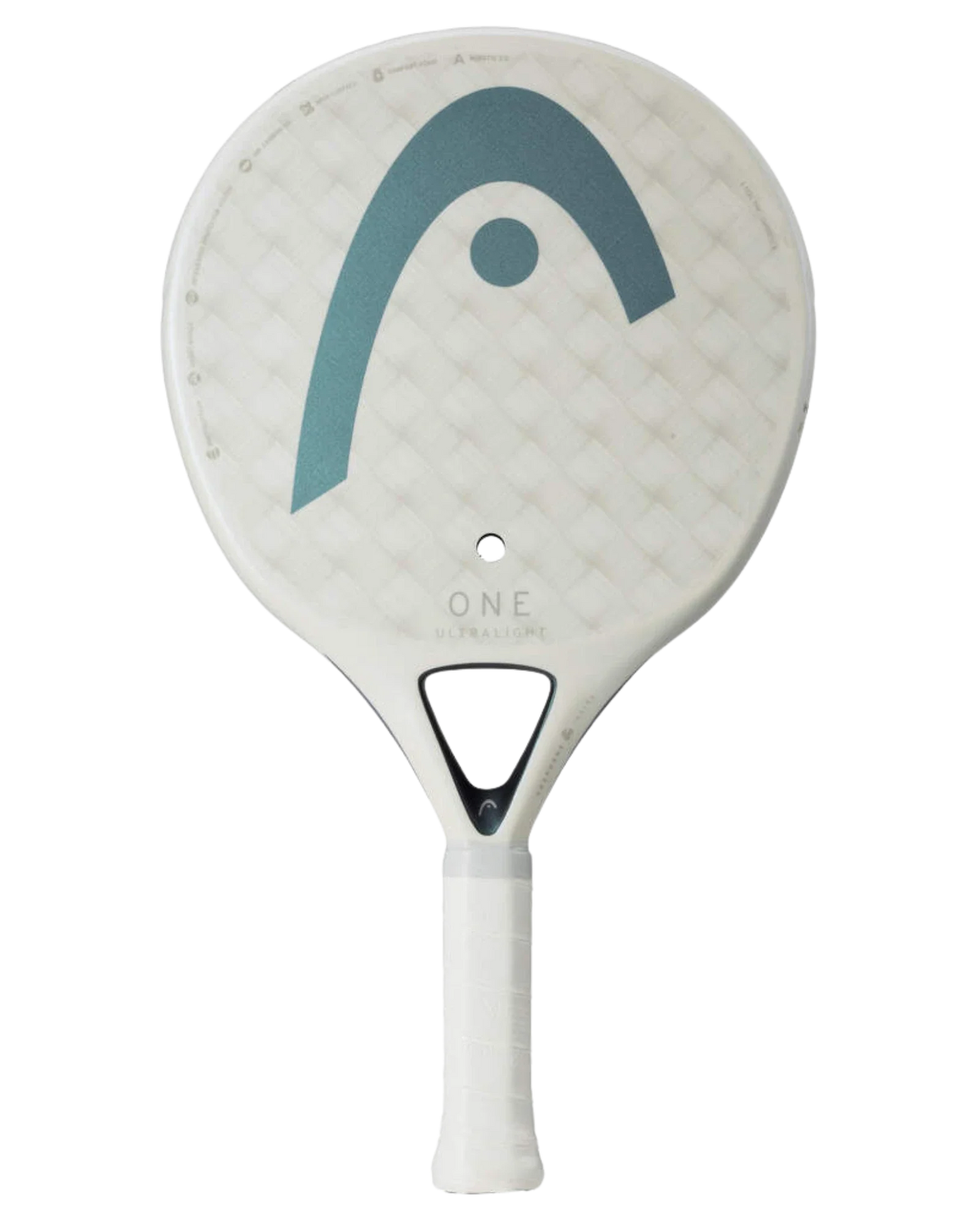 The Head One Ultralight White by Padel USA is a white padel racket with Spin Surface technology, a blue-gray arc and dot design, white grip tape on the handle, and “ONE” printed near the throat above a centered hole.