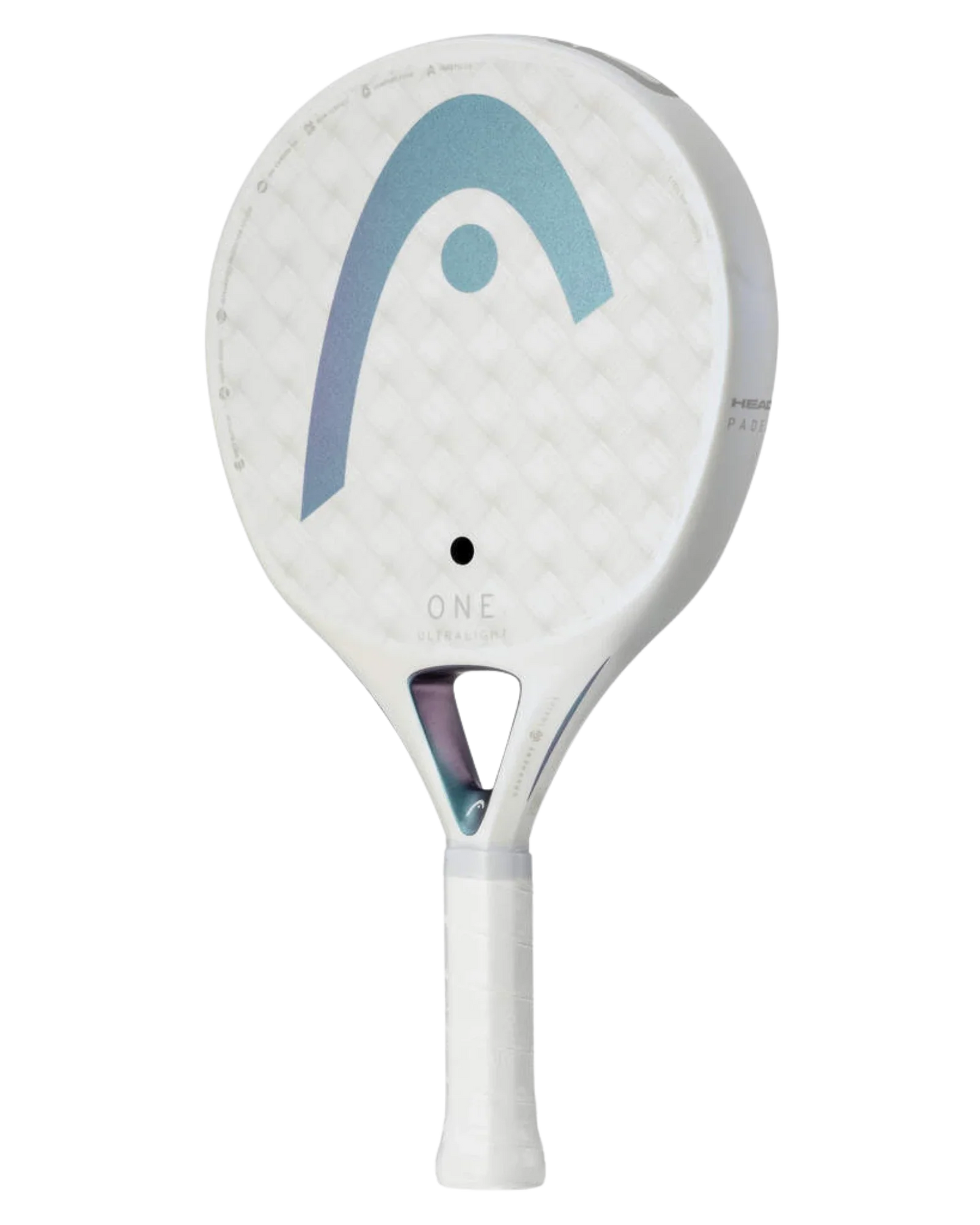 The Head One Ultralight White by Padel USA is a white padel racket with a quilted 12K carbon surface, light blue curved logo, "ONE" near the handle, white grip tape, and a small black dot hole above the handle.