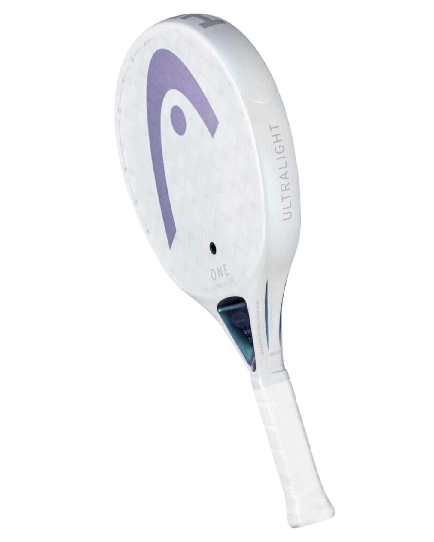 The Head One Ultralight White by Padel USA is the lightest adult padel racquet from HEAD, featuring a subtle grid Spin Surface, a purple logo, ULTRALIGHT on the side, and ONE printed near the throat.