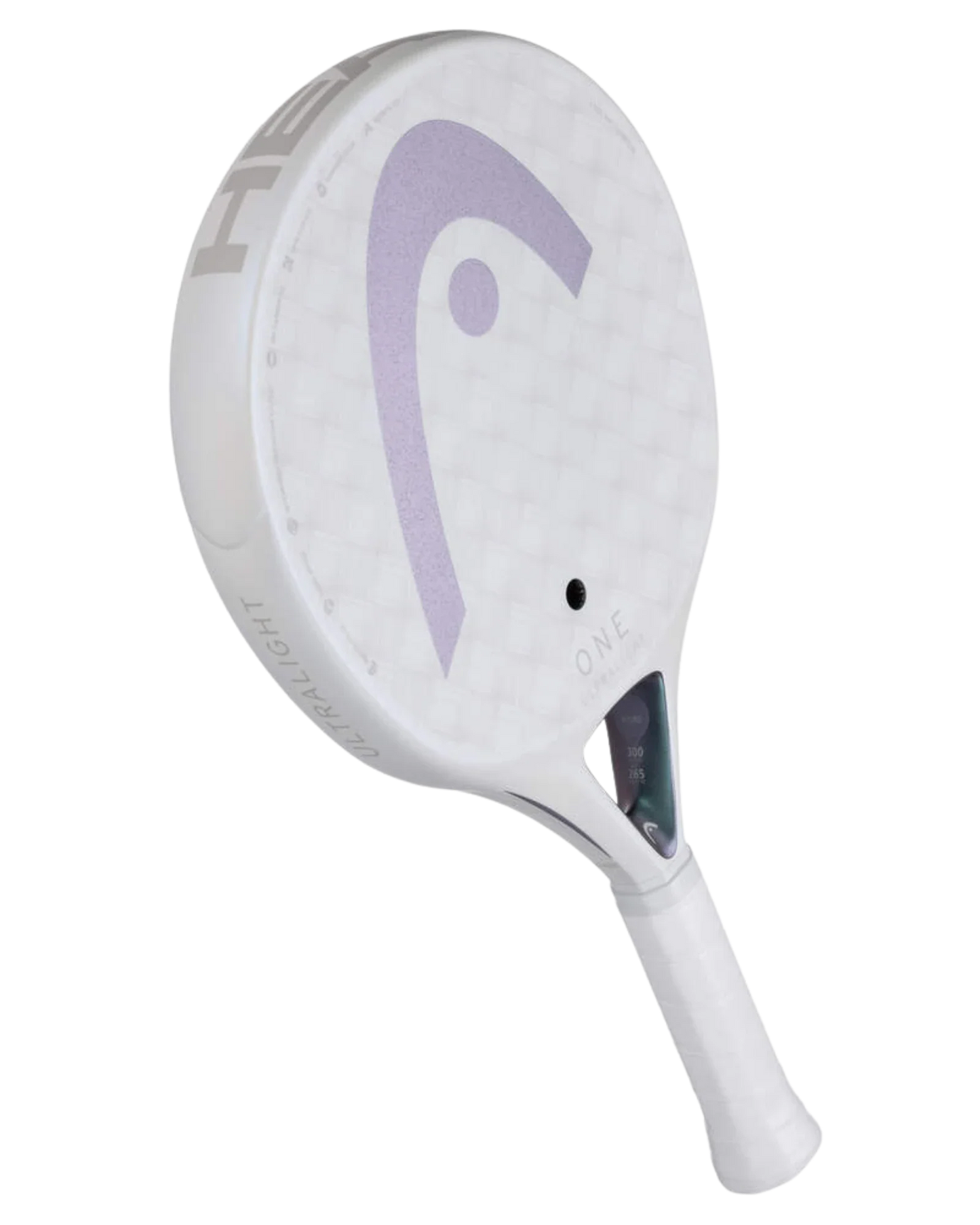 The Head One Ultralight White by Padel USA is a white padel racket with a light purple logo, small black center hole, white grip, and 12K carbon surface. "ULTRALIGHT" appears along the edge—one of HEAD’s lightest adult racquets.