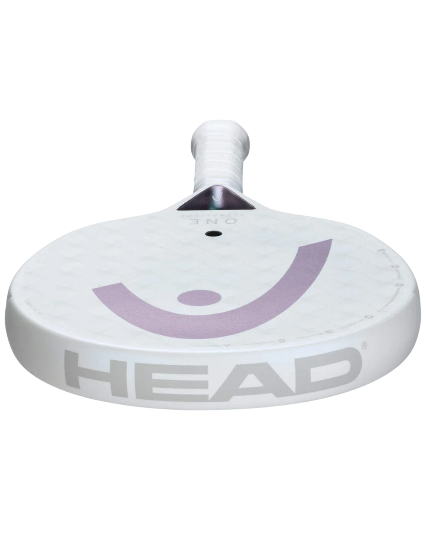 The Head One Ultralight White by Padel USA is shown from below, displaying the gray logo on the edge, a textured face with Spin Surface tech, a bold purple curve design, and a handle wrapped in white grip tape.