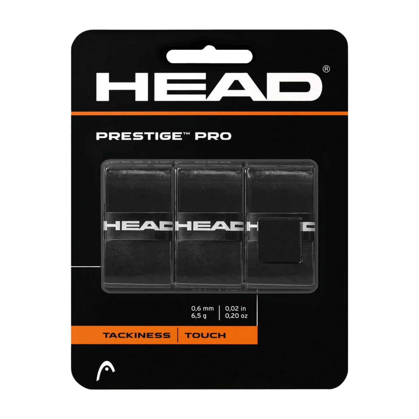 A pack of Head Prestige Pro Overwrap Black by Padel USA is shown in black packaging with white and orange accents. The text highlights “Tackiness” and “Touch,” with three branded tennis grips visible through a clear window.