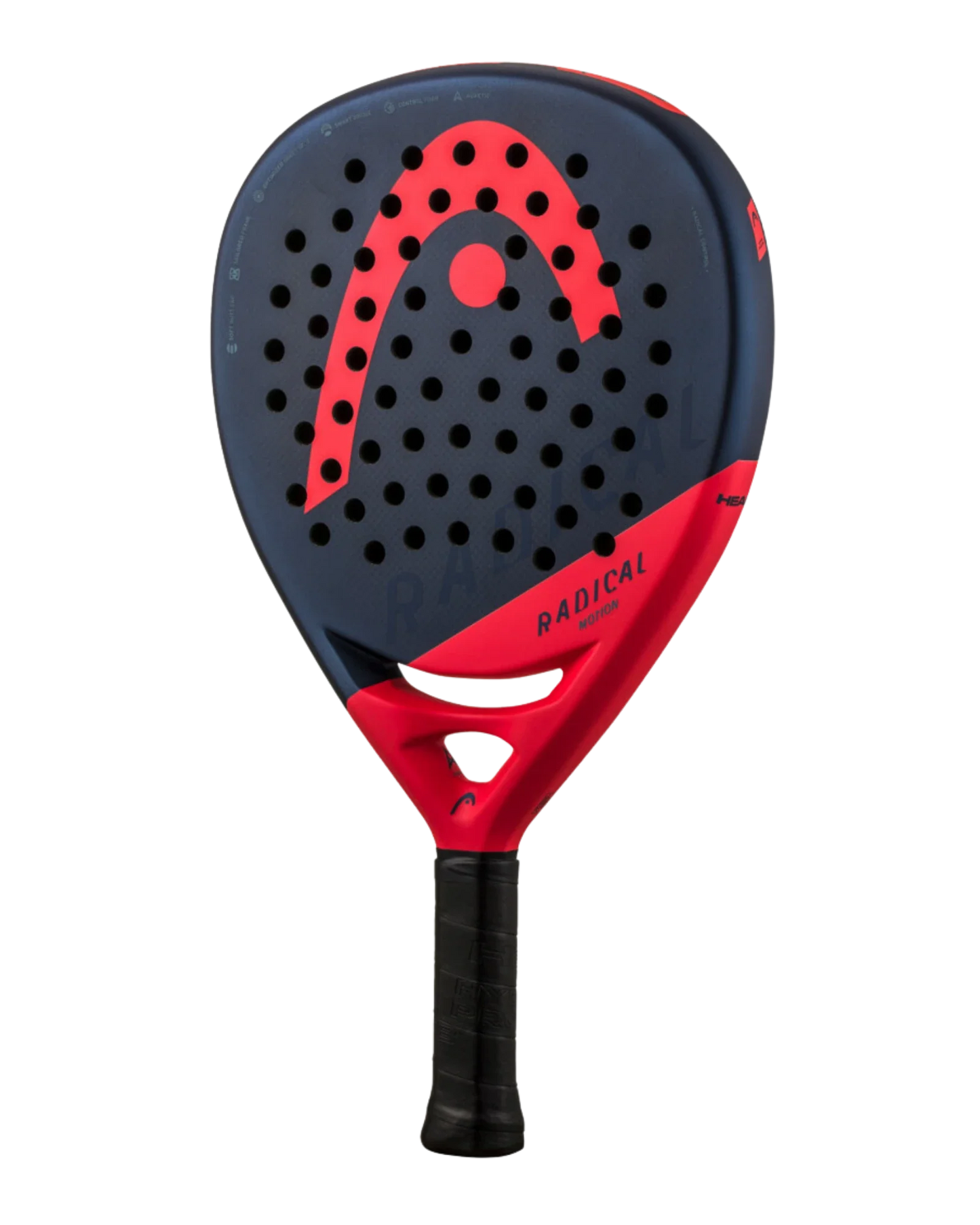 The Head Radical Motion by Padel USA is a modern padel racket with a rounded dark blue face, red accents, perforated holes, and an aerodynamic frame featuring soft plug technology. "RADICAL" and the Padel USA logo highlight its sleek design.