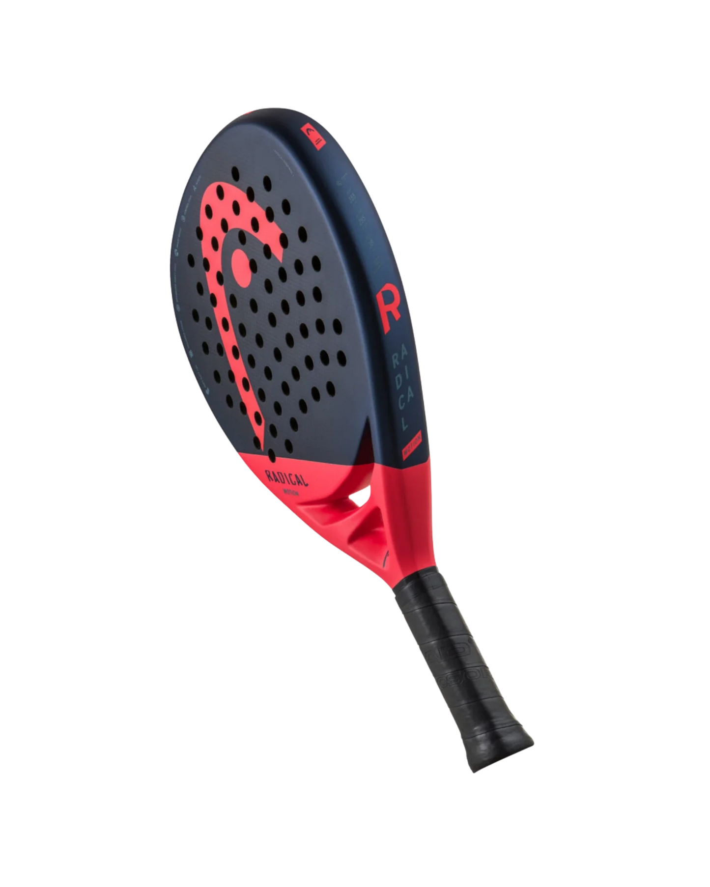 The Head Radical Motion padel racket by Padel USA has a black and red perforated face, large red logo, black grip, Auxetic technology, “RADICAL” near the throat, an "R" on the frame, and is shown on a plain white background.