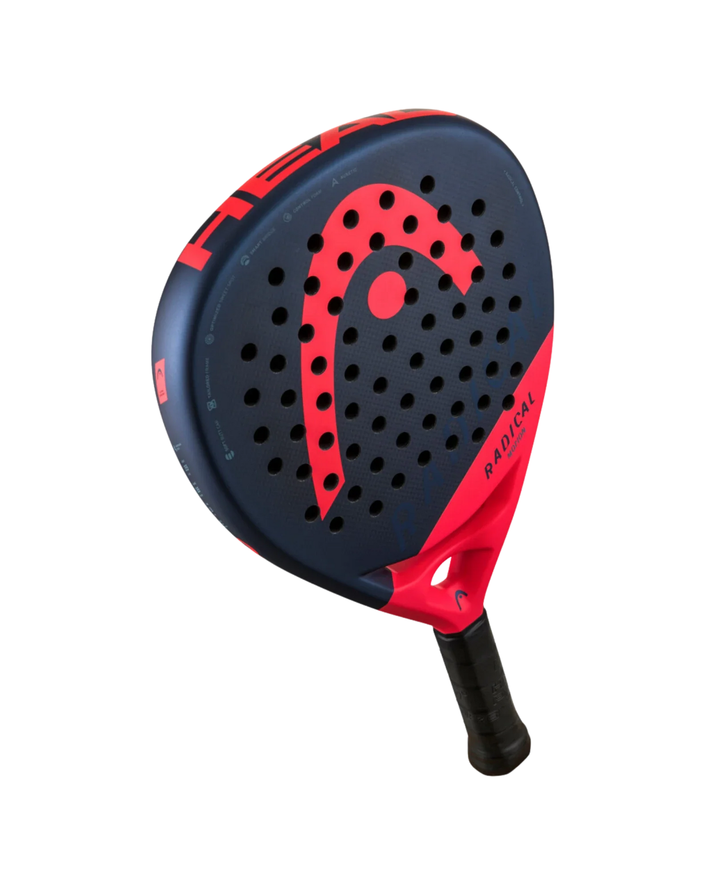 The Head Radical Motion racket by Padel USA features a navy face with red accents, round holes, and a large red logo. Its Auxetic technology and angular teardrop shape offer improved performance and comfort on the court.