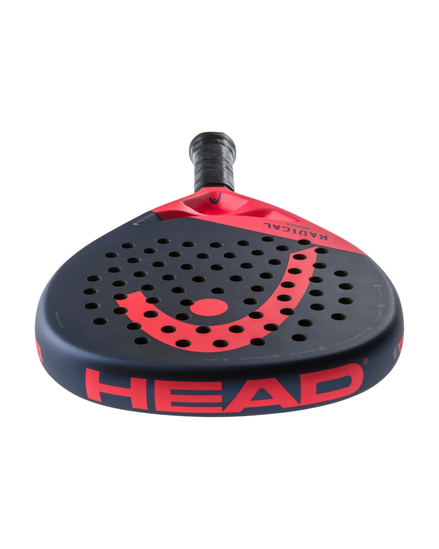 The Head Radical Motion padel racket by Padel USA, in black and red, features Auxetic technology, a large red HEAD logo, multiple holes on its surface, and “RADICAL” near the neck, displayed against a white background.