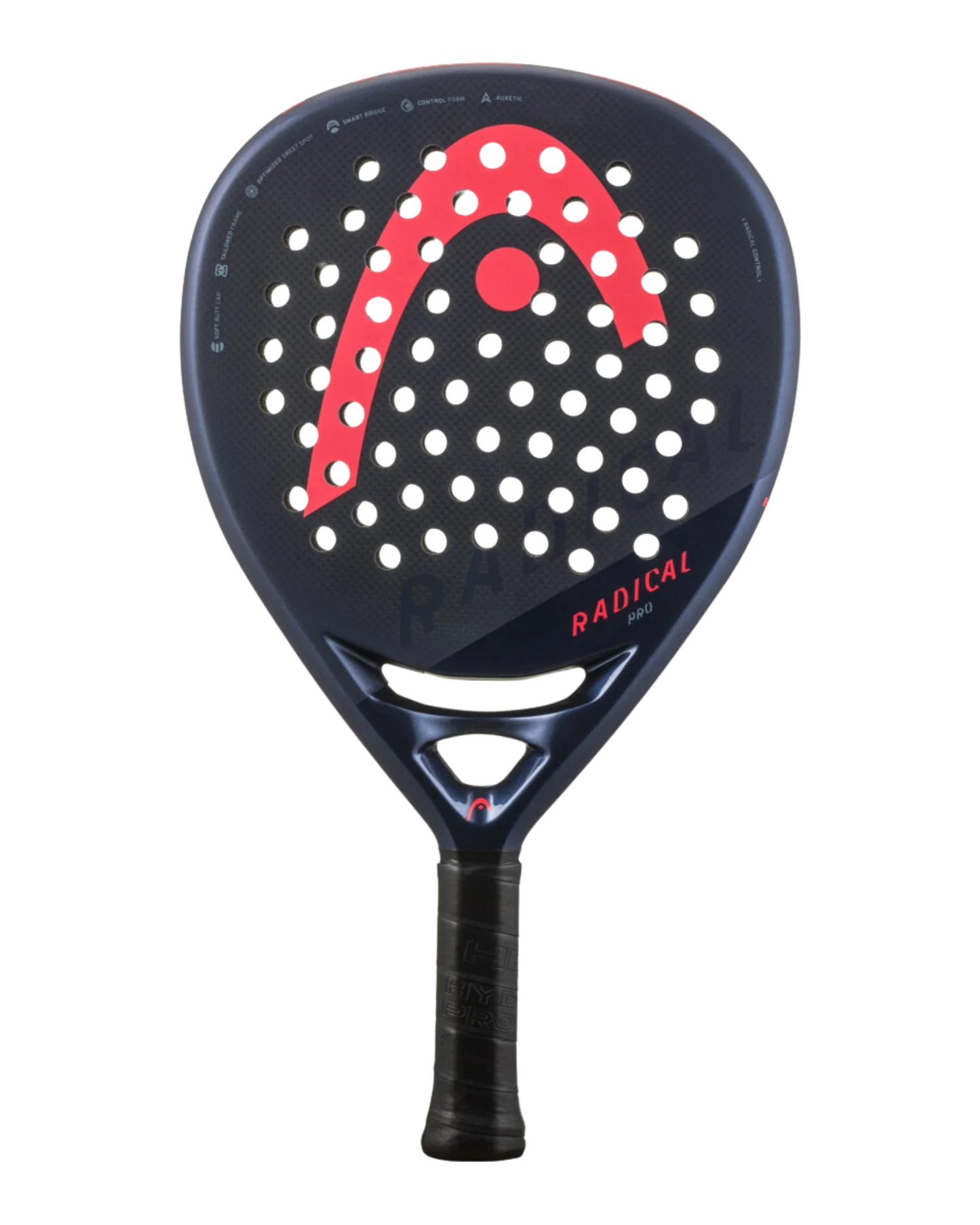 The Head Radical Pro by Padel USA is a dark blue racket with a 3K carbon surface, multiple round holes, and a bold red and white HEAD logo. "RADICAL PRO" appears at the lower right, and the black handle features a wrapped grip for comfort.