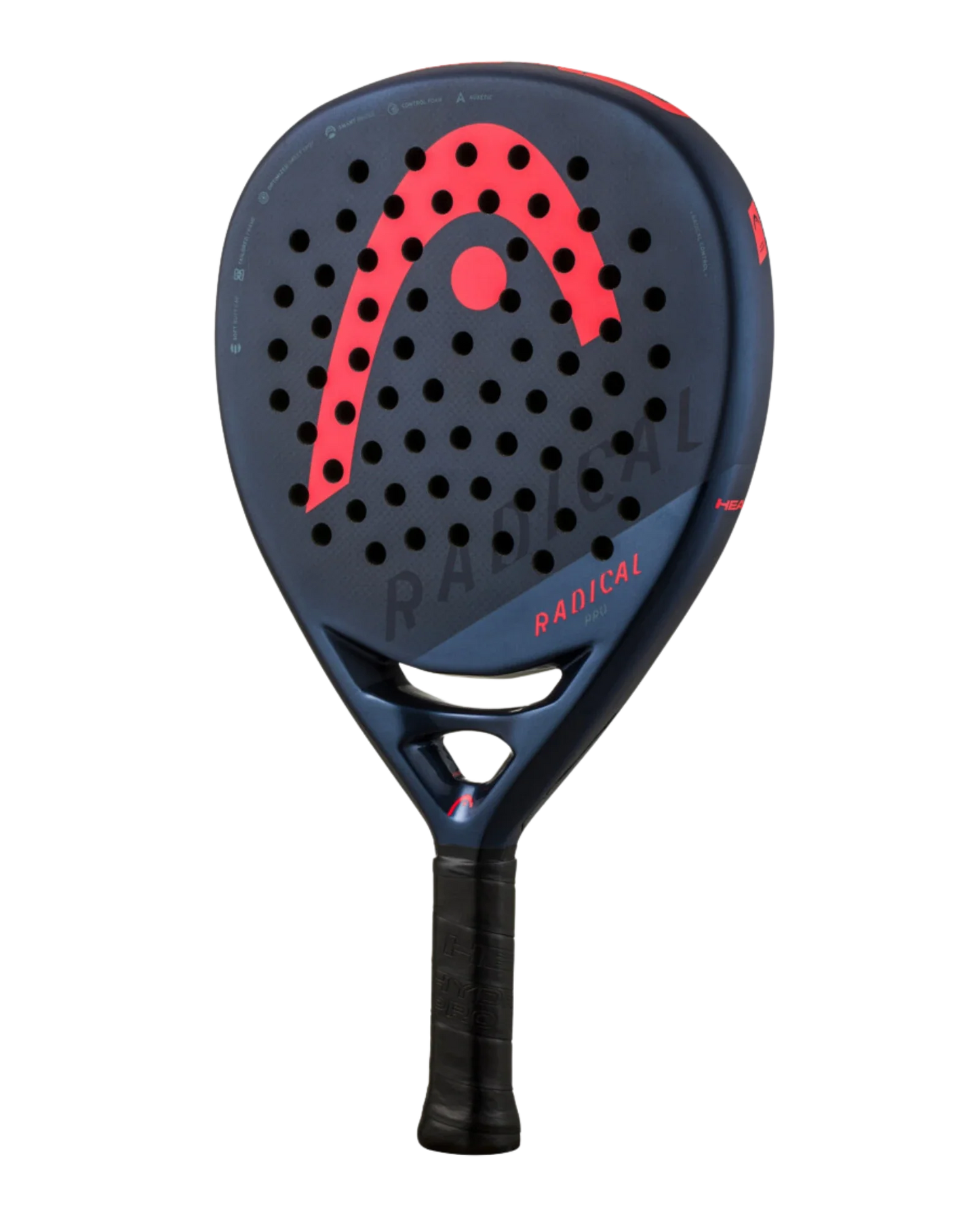 The Head Radical Pro by Padel USA is a dark blue racket with a matte finish, 3K carbon surface, bold red HEAD logo, evenly spaced round holes, RADICAL branding, and a handle wrapped in black grip tape.