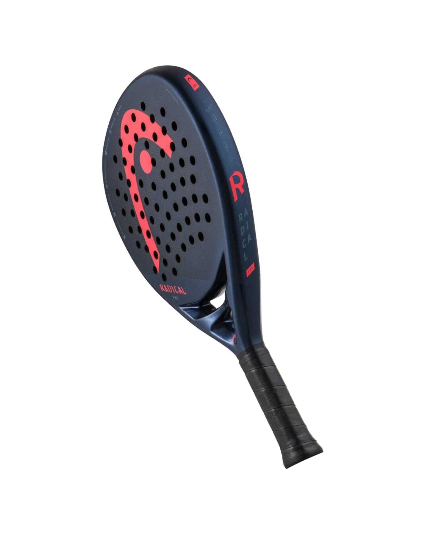 A blue Head Radical Pro racket from Padel USA with black grip, red accents, a bold red curved logo, and “RADICAL” on the side. The 3K carbon surface has patterned circular holes. Displayed on a plain white background.