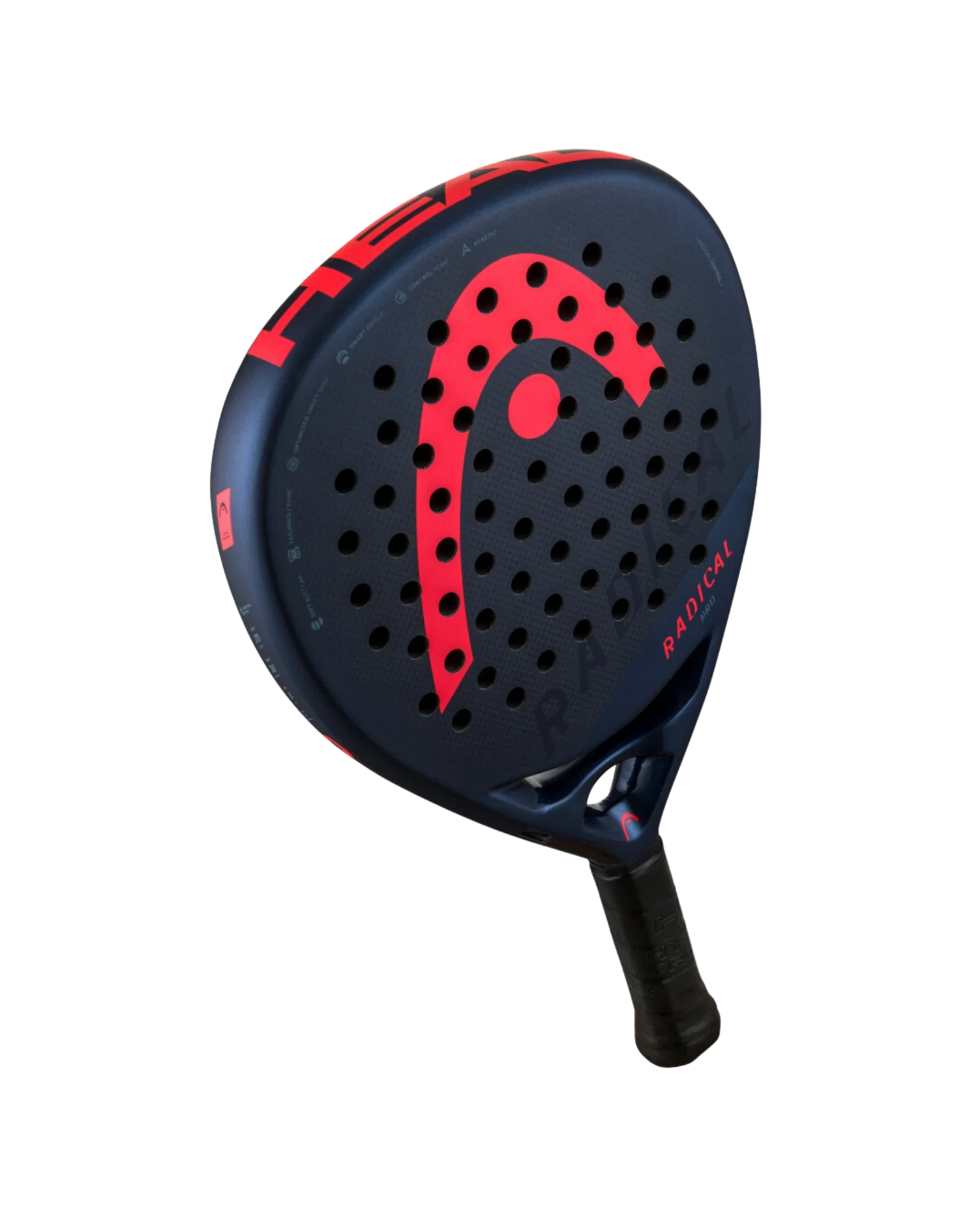 The Head Radical Pro by Padel USA is a dark blue racket with a black grip, large red HEAD logo, "RADICAL" on the edge, and a 3K carbon surface with circular holes shown on a plain white background.