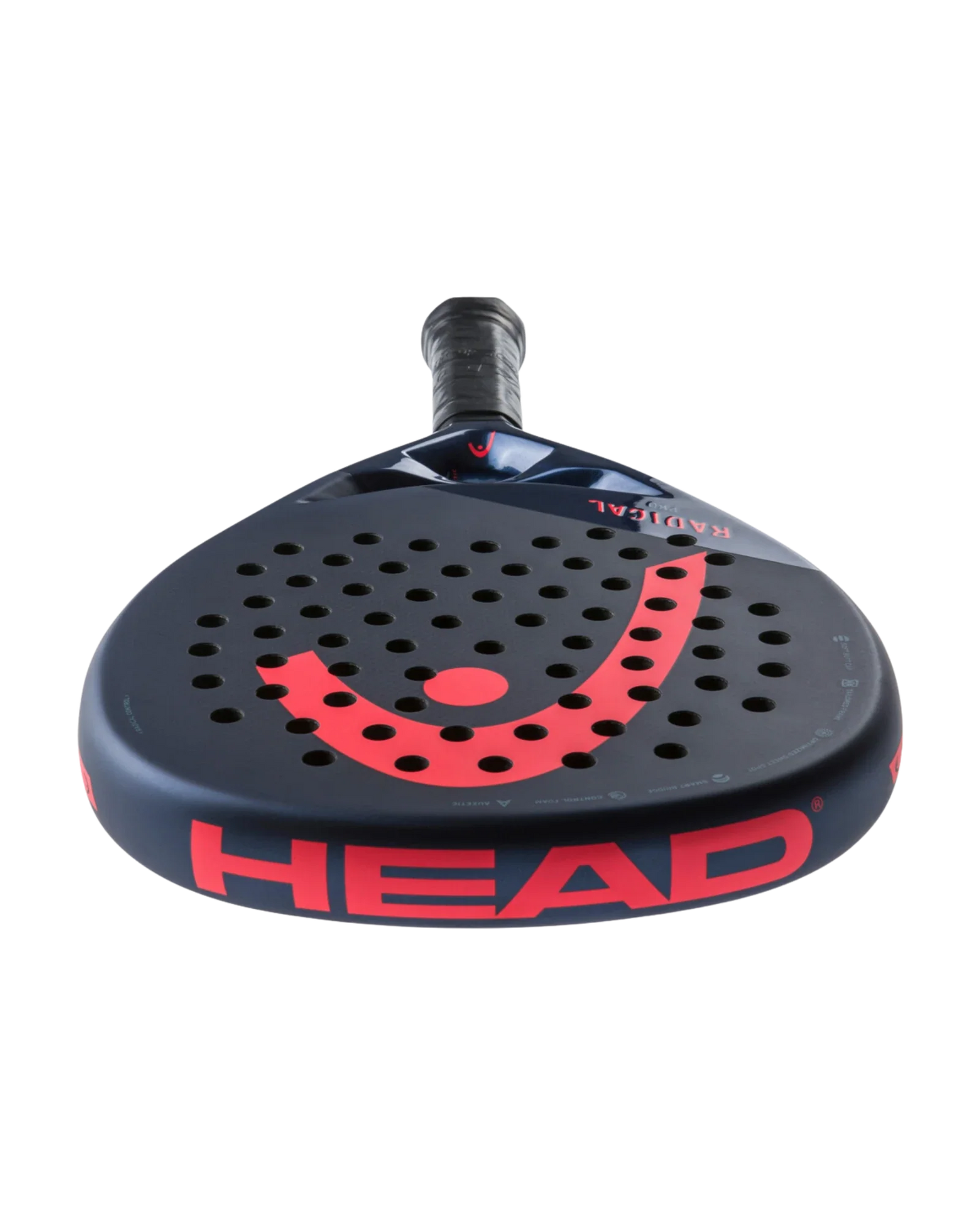 The Padel USA Head Radical Pro racket features a black and dark blue round design, large red HEAD logo, red dotted curves, 3K carbon surface, black overgrip, and multiple holes.