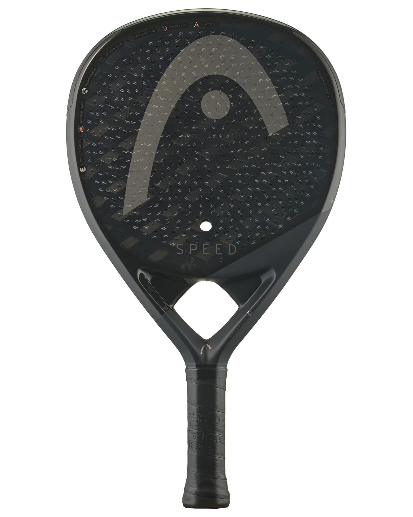 The Padel USA Head Speed One is a black 2025 padel racquet with a textured face, “SPEED” branding, large stylized logo, diamond-shaped grip hole, and a wrapped handle with subtle patterns for advanced players.