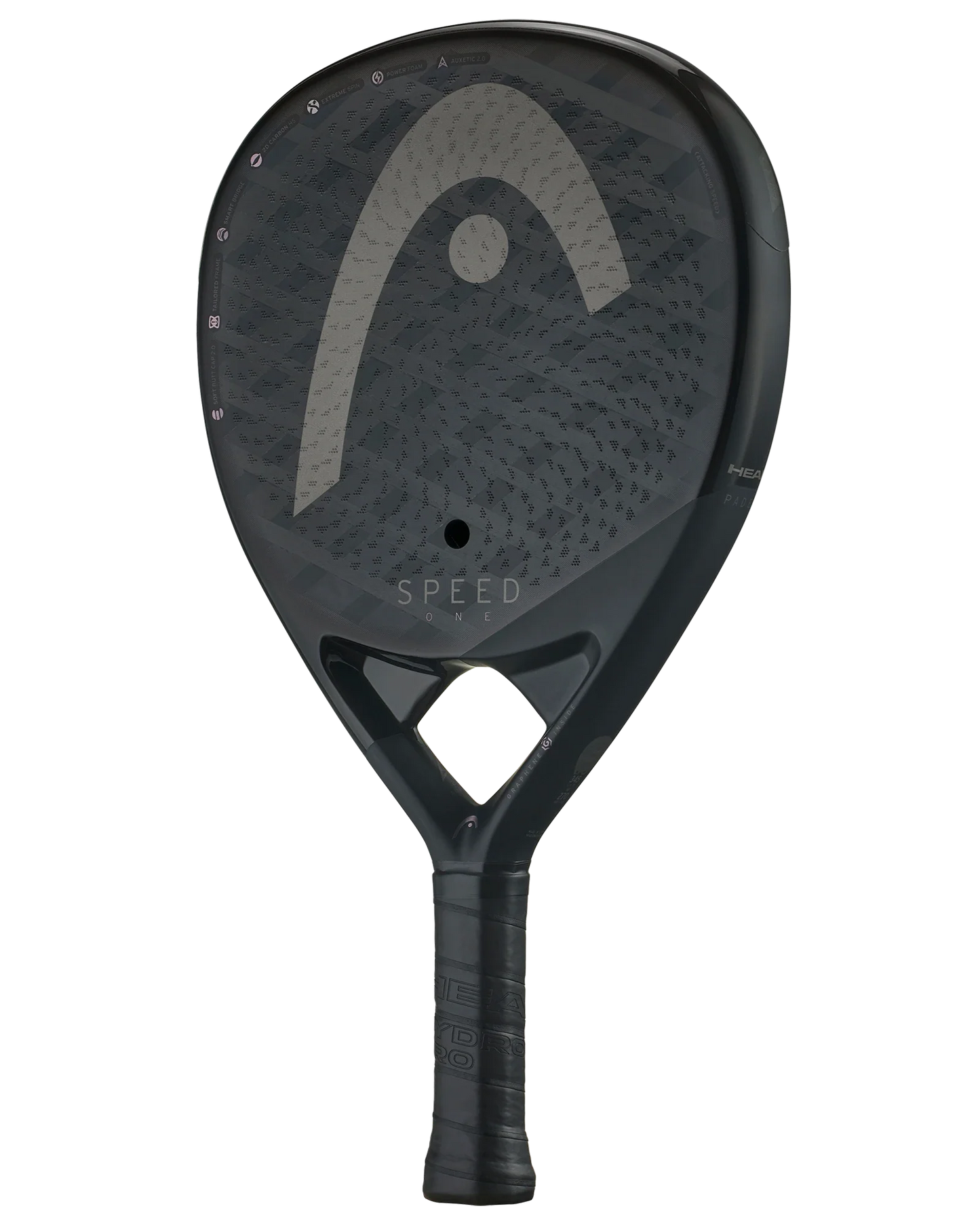 The Padel USA Head Speed One padel racquet boasts a sleek black design with a large grey logo, textured face, oval head shape, and a triangular hole above the handle—perfect for advanced players who value performance and style.