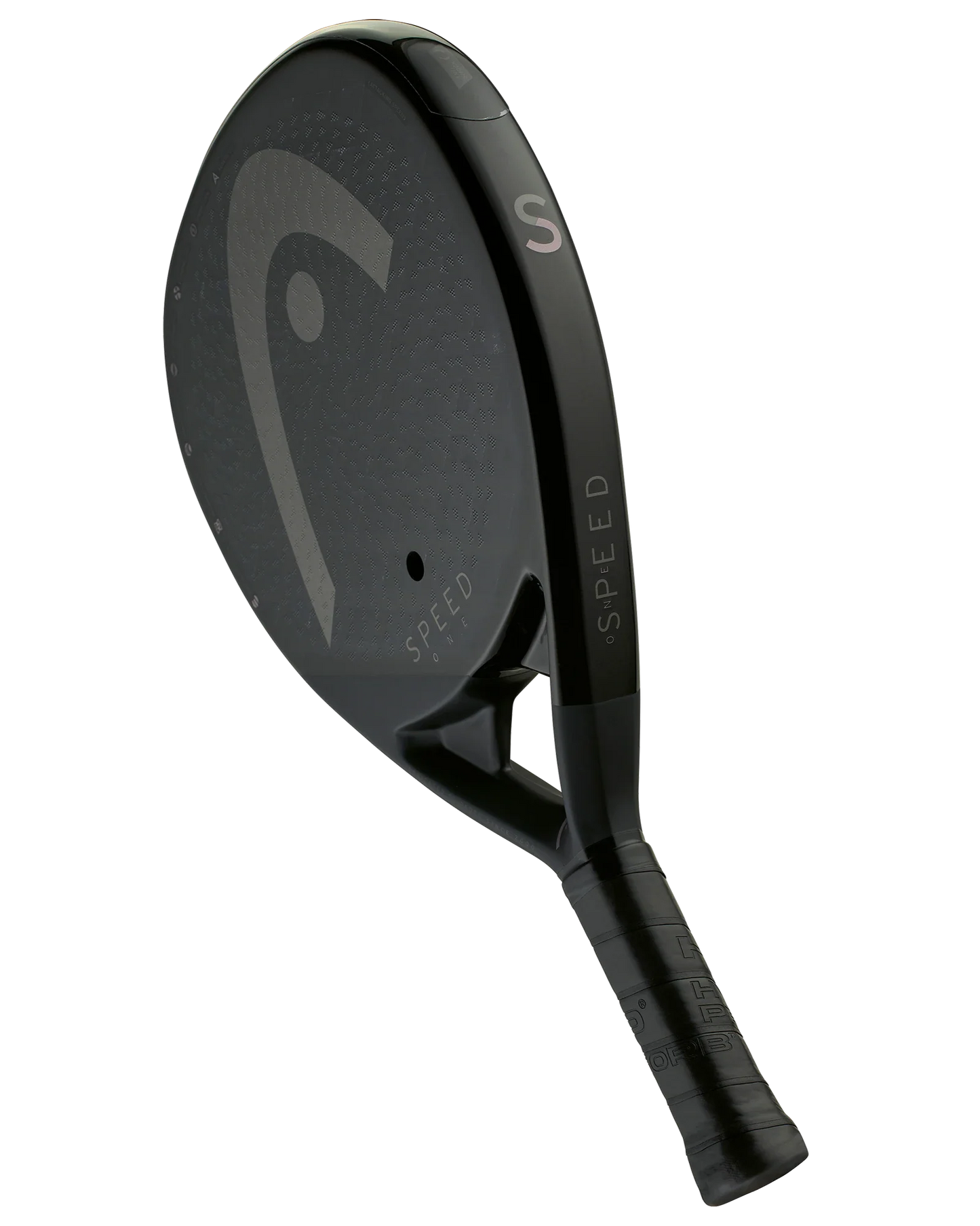 The Head Speed One by Padel USA is a black padel racquet featuring a textured face, large "HEAD" logo, vertical "SPEED" print near the handle, black grip tape, and top-edge “S”—perfect for advanced players seeking precision.