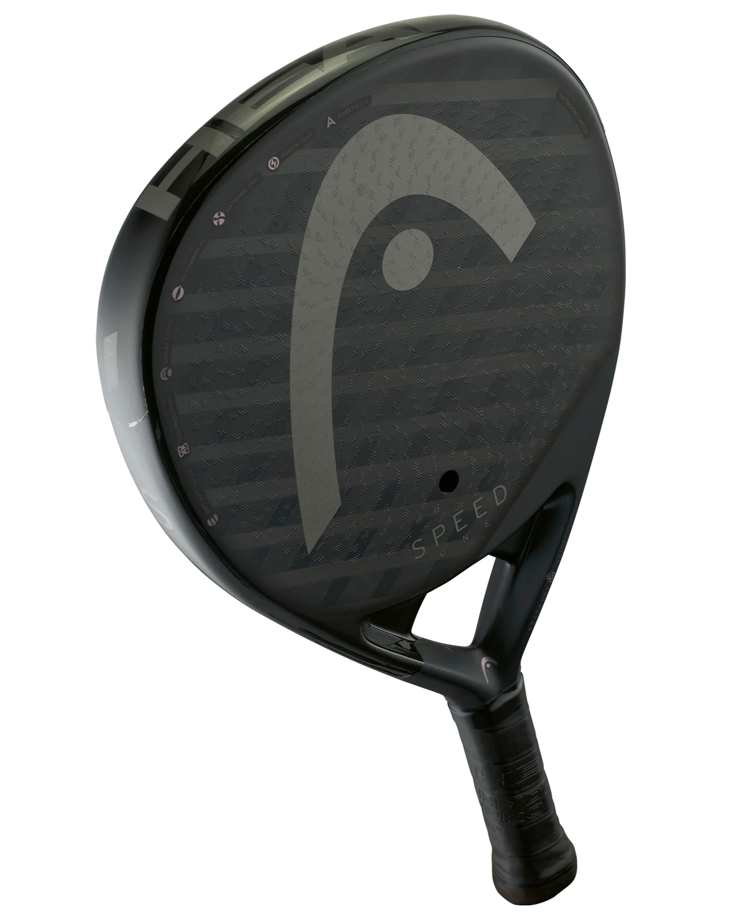 The Head Speed One by Padel USA is a black 2025 padel racquet with a round shape, matte finish, large light gray Head logo, and "SPEED" near the neck. It features a black grip tape handle and is ideal for advanced players. Shown on a white background.