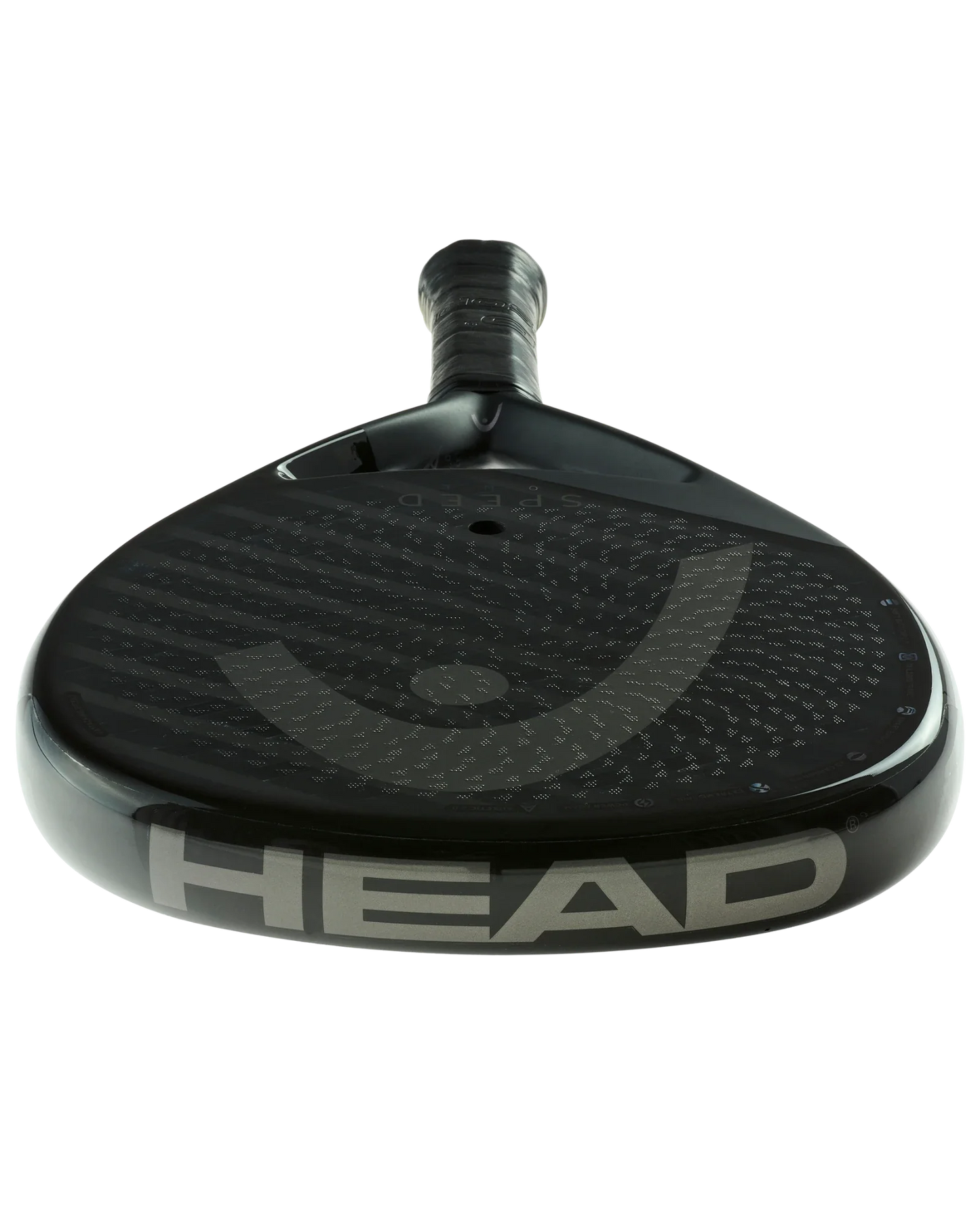 A close-up of the Head Speed One padel racquet by Padel USA shows its textured face, large silver logo, and black grip, designed for advanced players. The racquet is set against a plain white background.