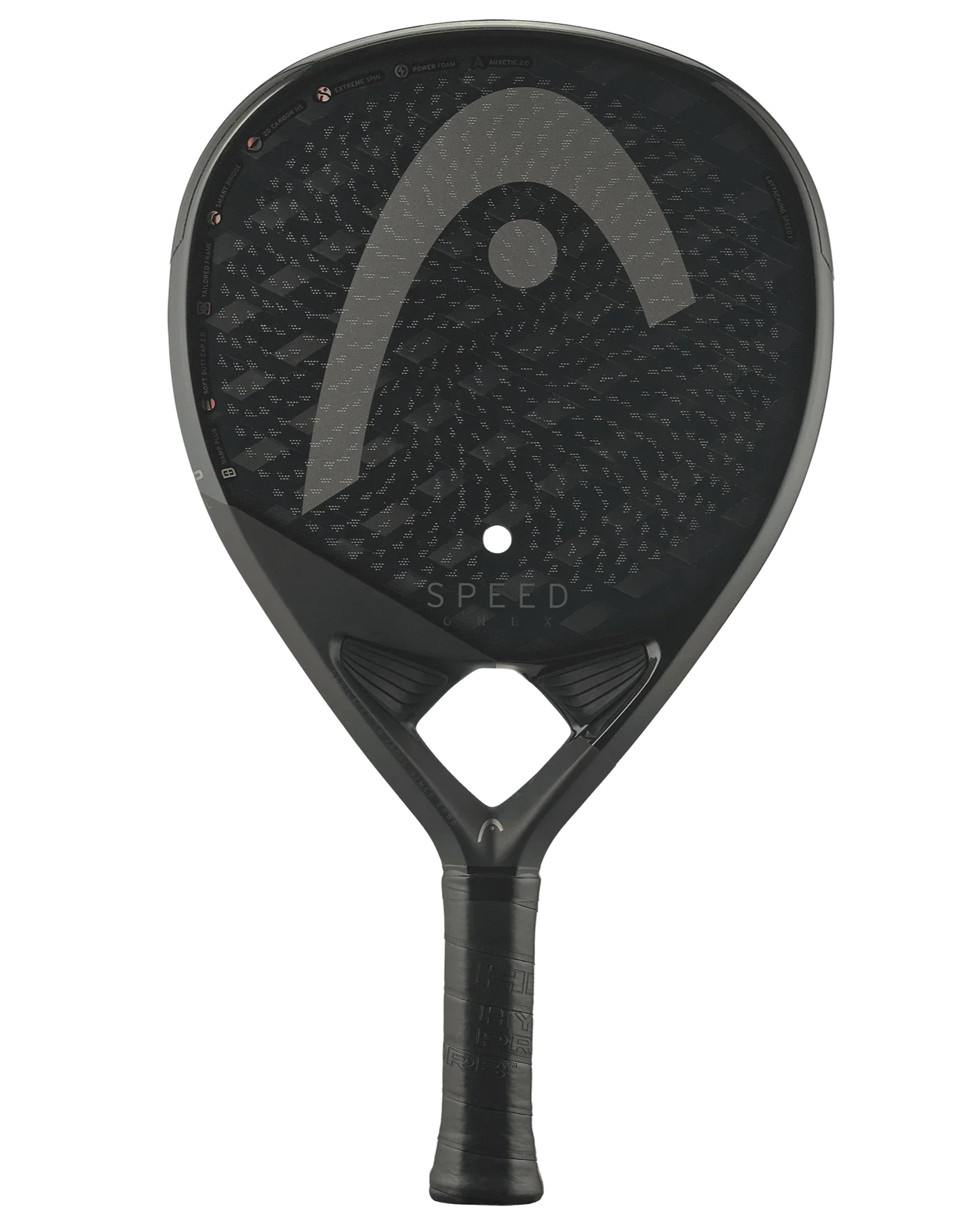 The Head Speed One X by Padel USA is a black padel racquet for advanced players, featuring a textured surface, gray Head logo and "SPEED" at the center, a circular hole below the logo, and black grip tape on the handle.