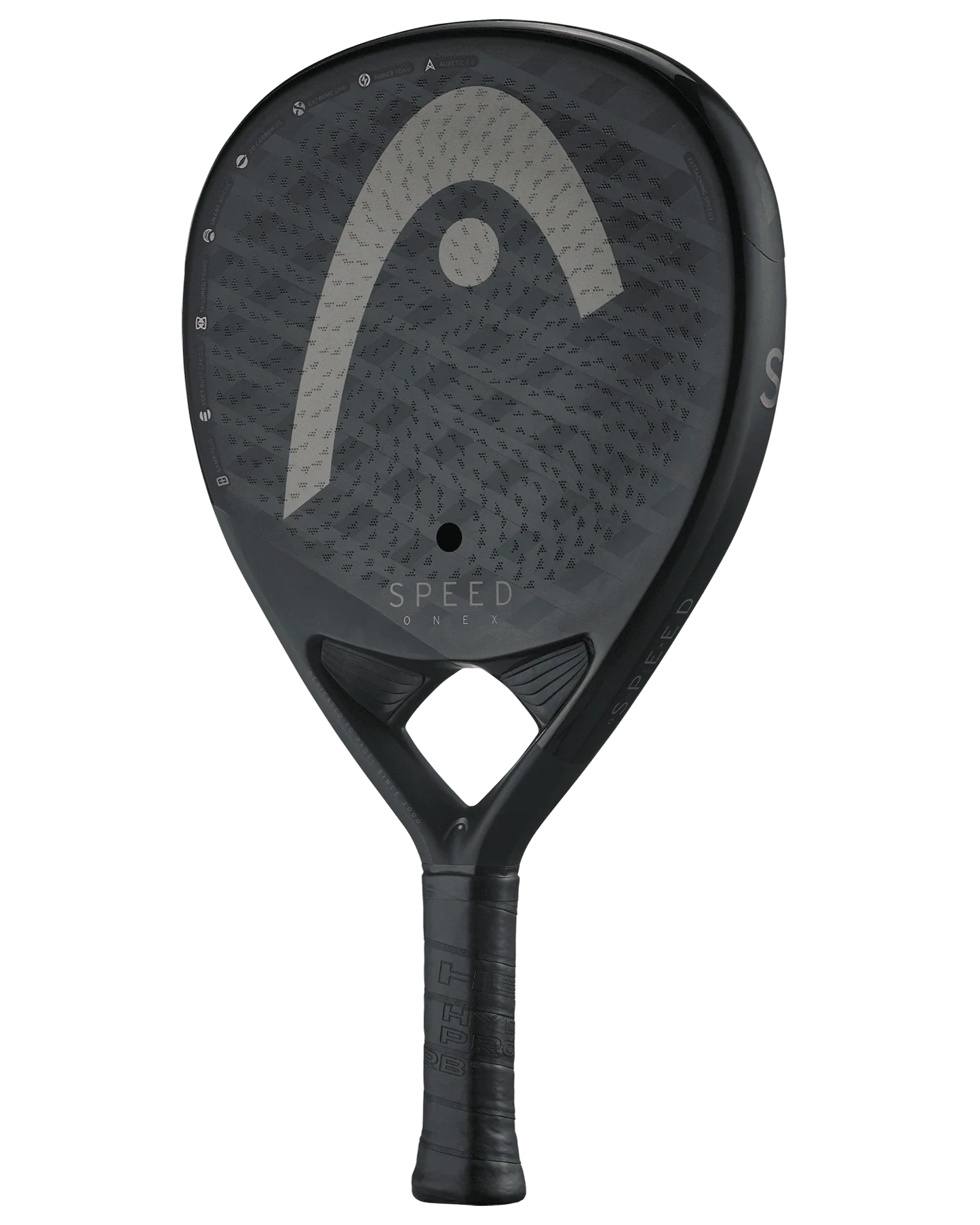 The Head Speed One X by Padel USA is a black teardrop-shaped padel racquet with a dotted texture, light grey logo, SPEED and ONE marked near the throat, and black grip tape—perfect for advanced players.