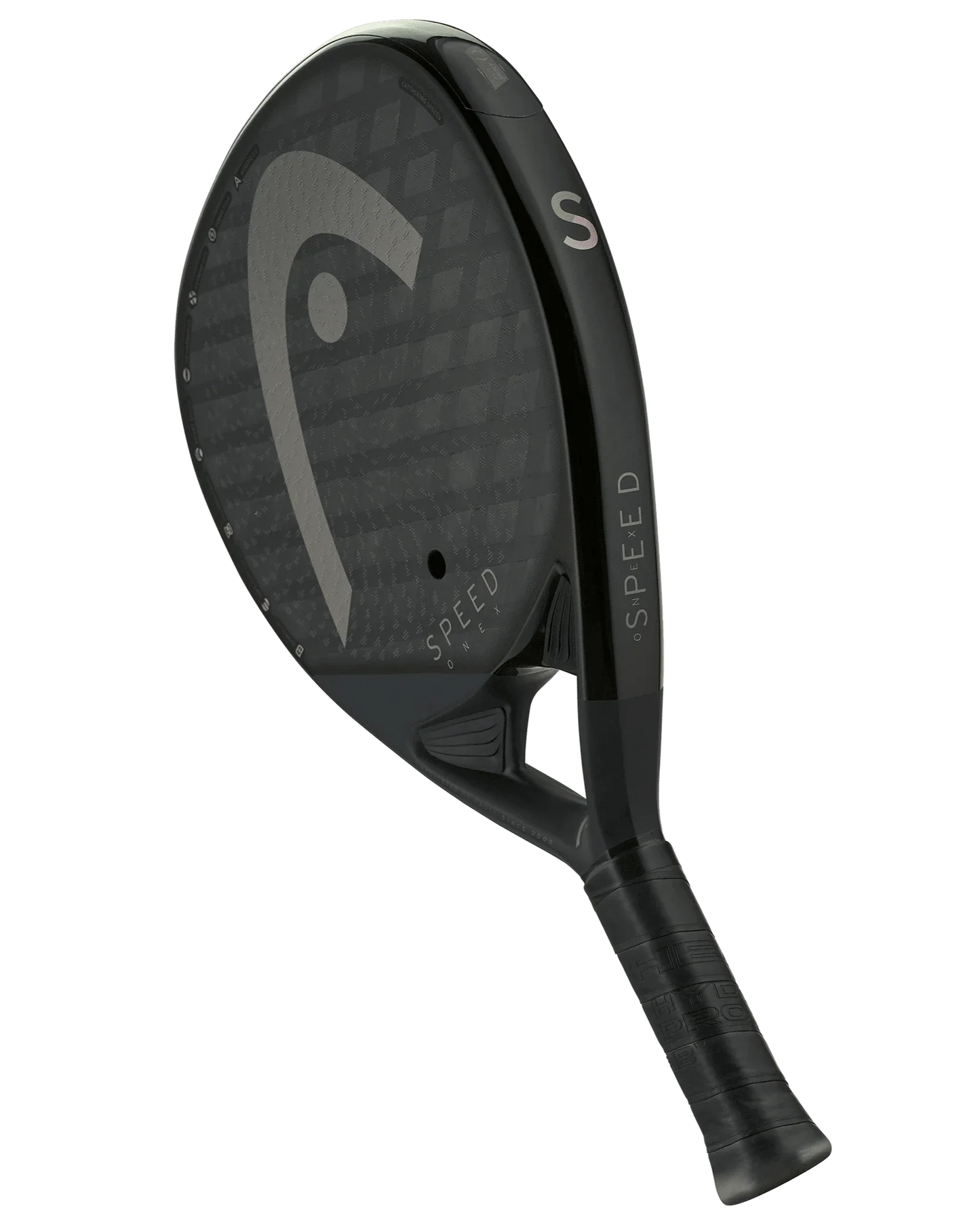The Head Speed One X by Padel USA is a black 2025 padel racquet with a textured woven surface, large light gray H logo, “SPEED” on the neck and side, and a black grip wrapped over white—ideal for advanced players.