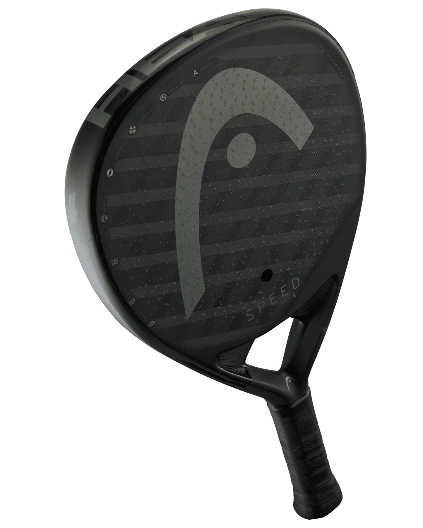 The Padel USA Head Speed One X padel racquet for advanced players features a matte black finish, large silver logo, perforated surface, textured grip, and "SPEED" printed near the bottom on a white background.