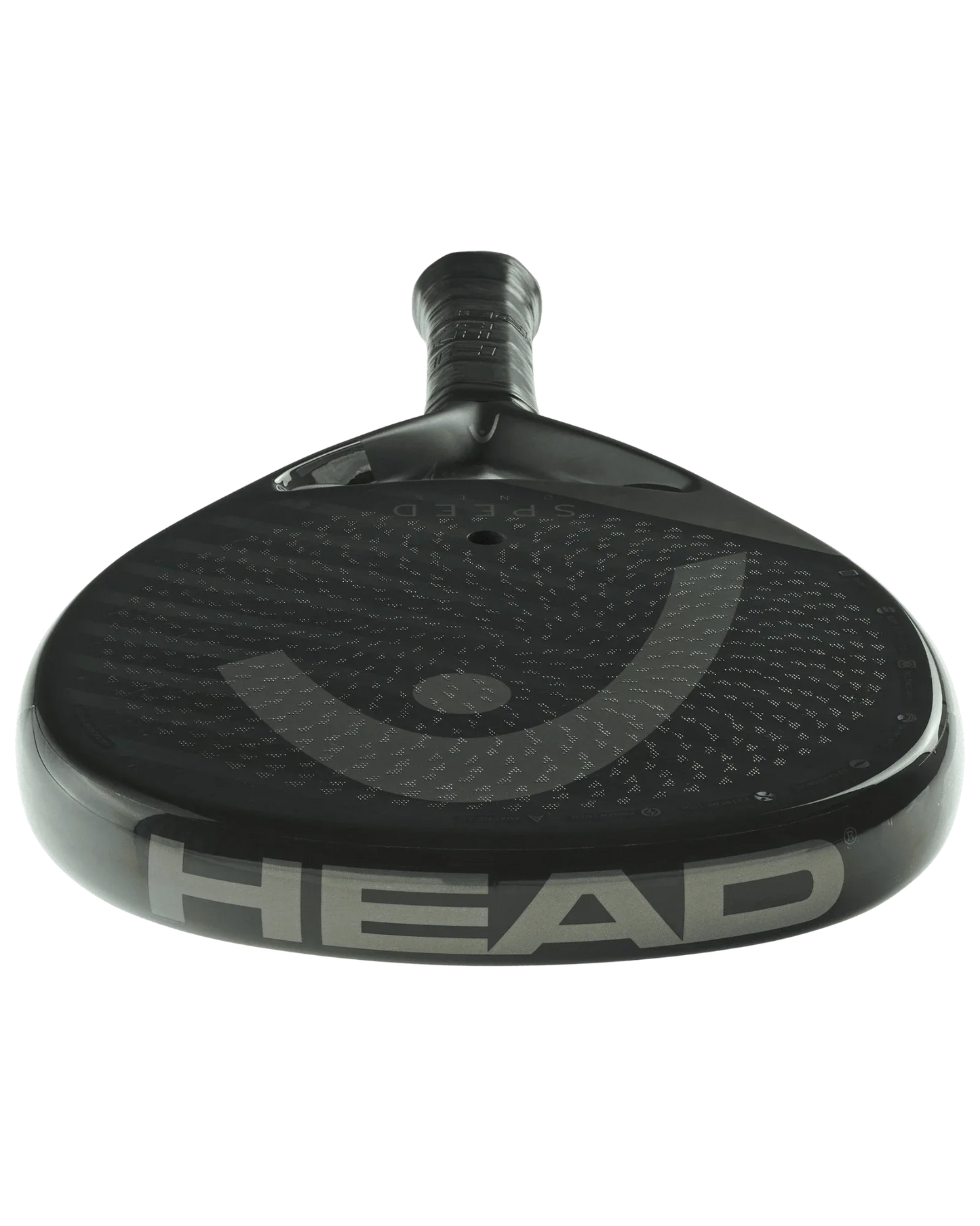 A black Head Speed One X padel racquet from Padel USA is displayed on a white background, featuring a rounded paddle face with a textured surface and bold silver branding along the base edge. The handle is positioned at the top.
