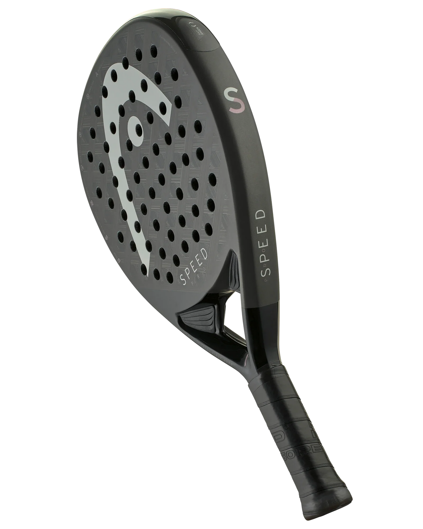 The Head Speed Pro by Padel USA is a sleek black padel racquet with a perforated face, bold S logo, and SPEED lettering. Featuring Auxetic 2.0 technology, it delivers enhanced performance on the padel tennis court.