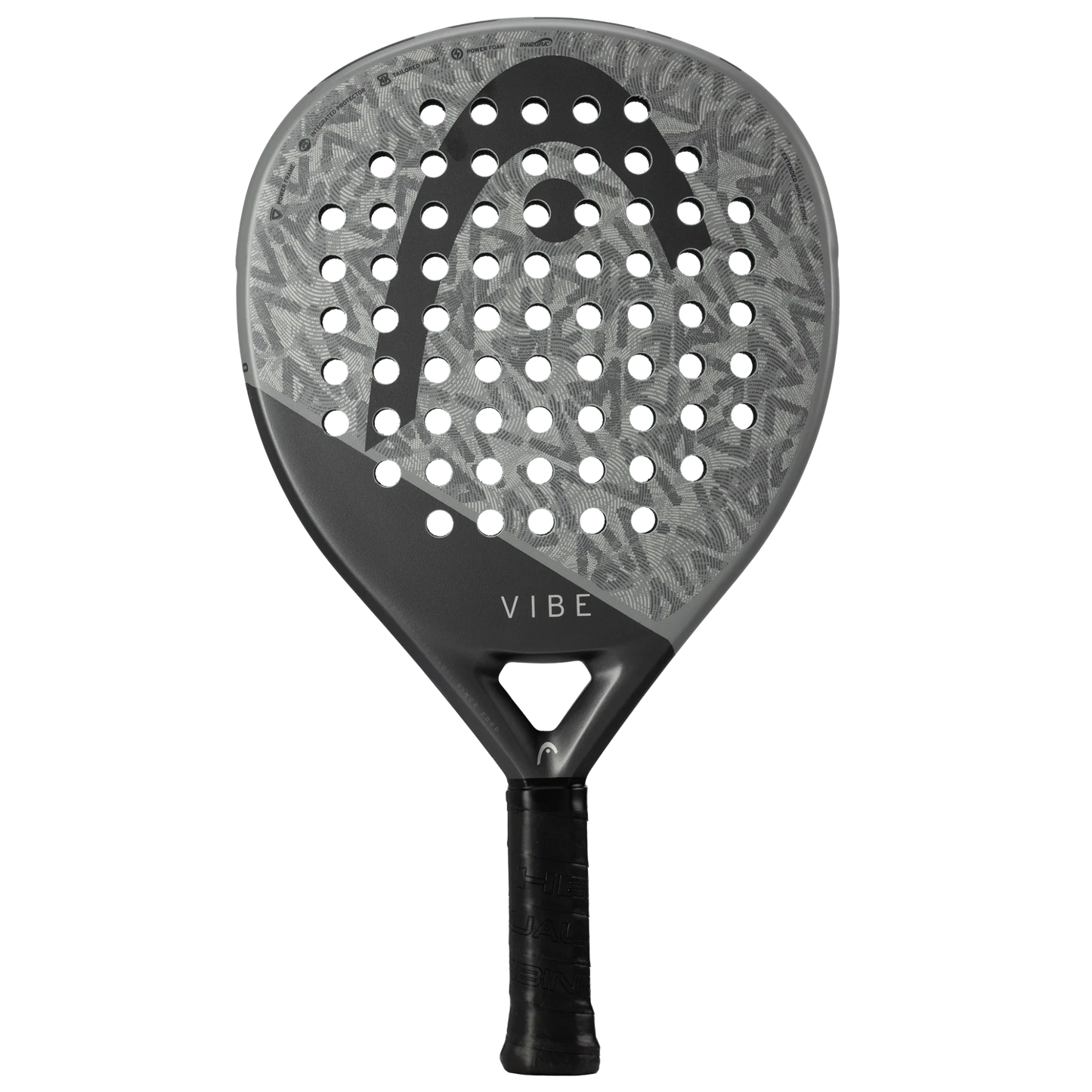 The Head Vibe GR/BL by Padel USA is a modern padel racket in black and grey, featuring a rounded triangular head, fiberglass surface, and "VIBE" printed above the black grip handle for a sleek look.