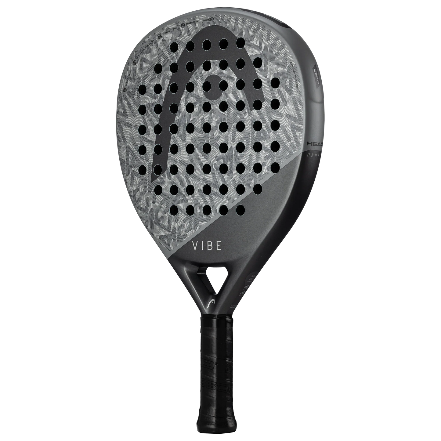 A close-up reveals the fiberglass hitting surface of the Padel USA Head Vibe GR/BL, emphasizing this padel racket’s advanced design.