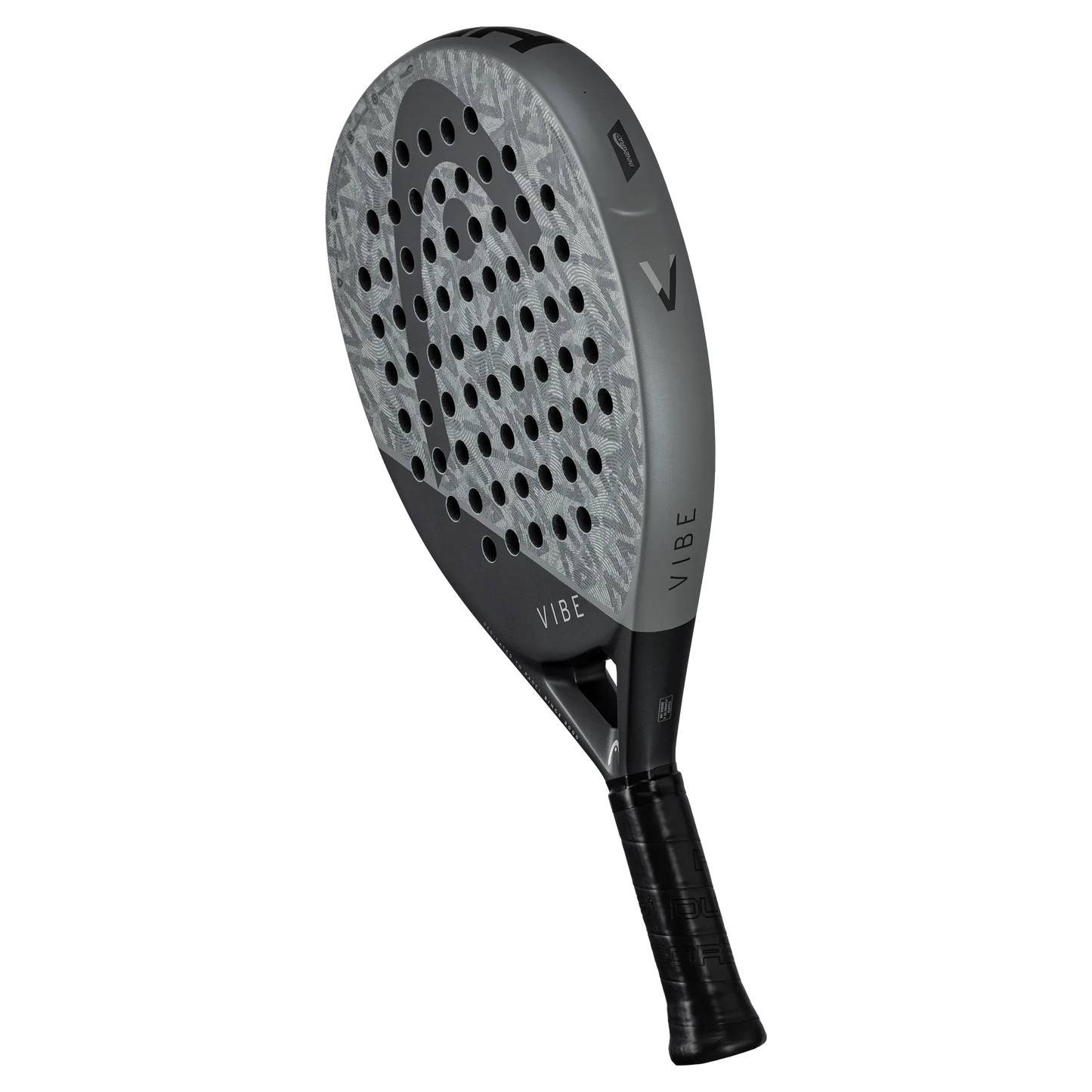The Head Vibe GR/BL padel racket from Padel USA has a textured fiberglass round head with perforations, VIBE branding on the neck and side, a black grip handle, and a white design.