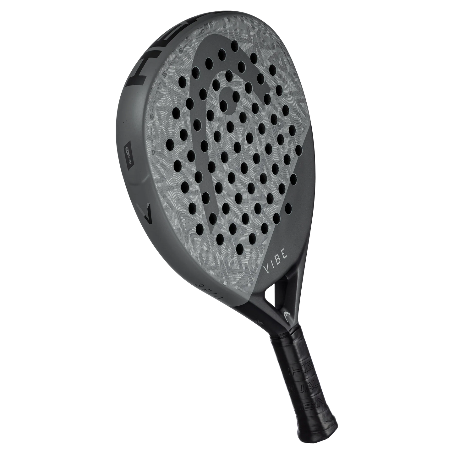 The Head Vibe GR/BL Padel Racket by Padel USA features a grey and black design, fiberglass hitting surface with round holes for aerodynamics, "VIBE" text near the handle, black grip tape, all set against a plain white background.
