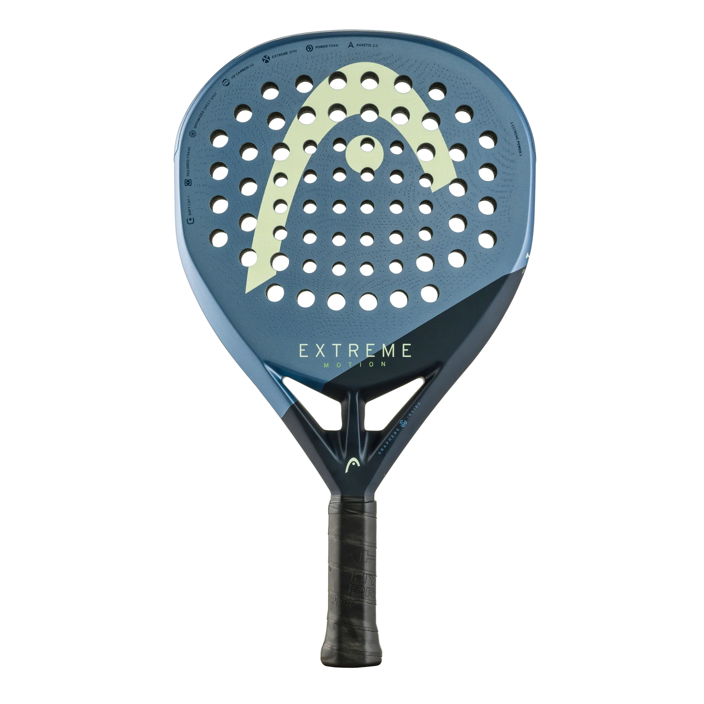 The Padel USA Head Extreme Motion 2025 features a teardrop shape, blue and black colors, a large yellow Head logo, and the model name in white above the handle—engineered for explosive power on the court.