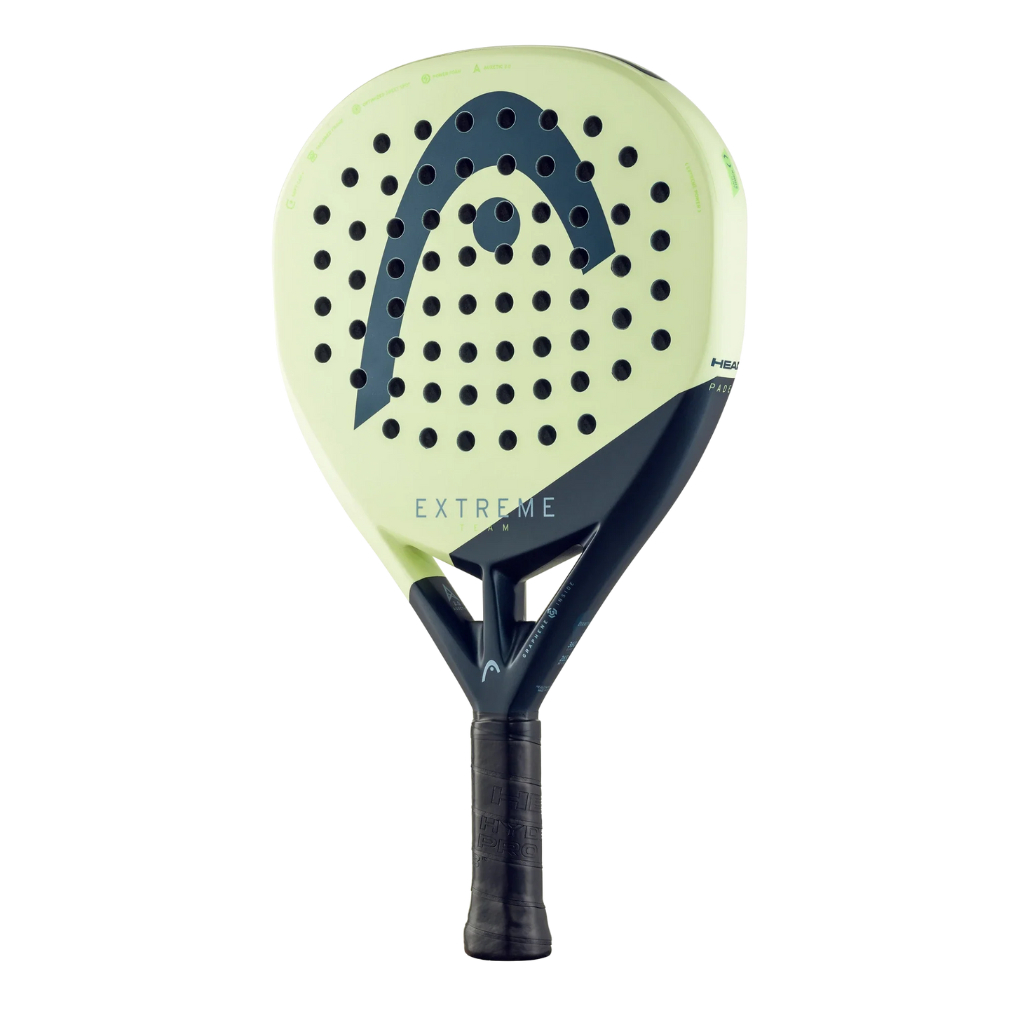 The Padel USA Head Extreme Team 2025 is a yellow and black teardrop-shaped padel racket with perforated holes, black grip, and HEAD logo. "EXTREME" is printed at the center. Ideal for advanced players wanting attacking power. White background.