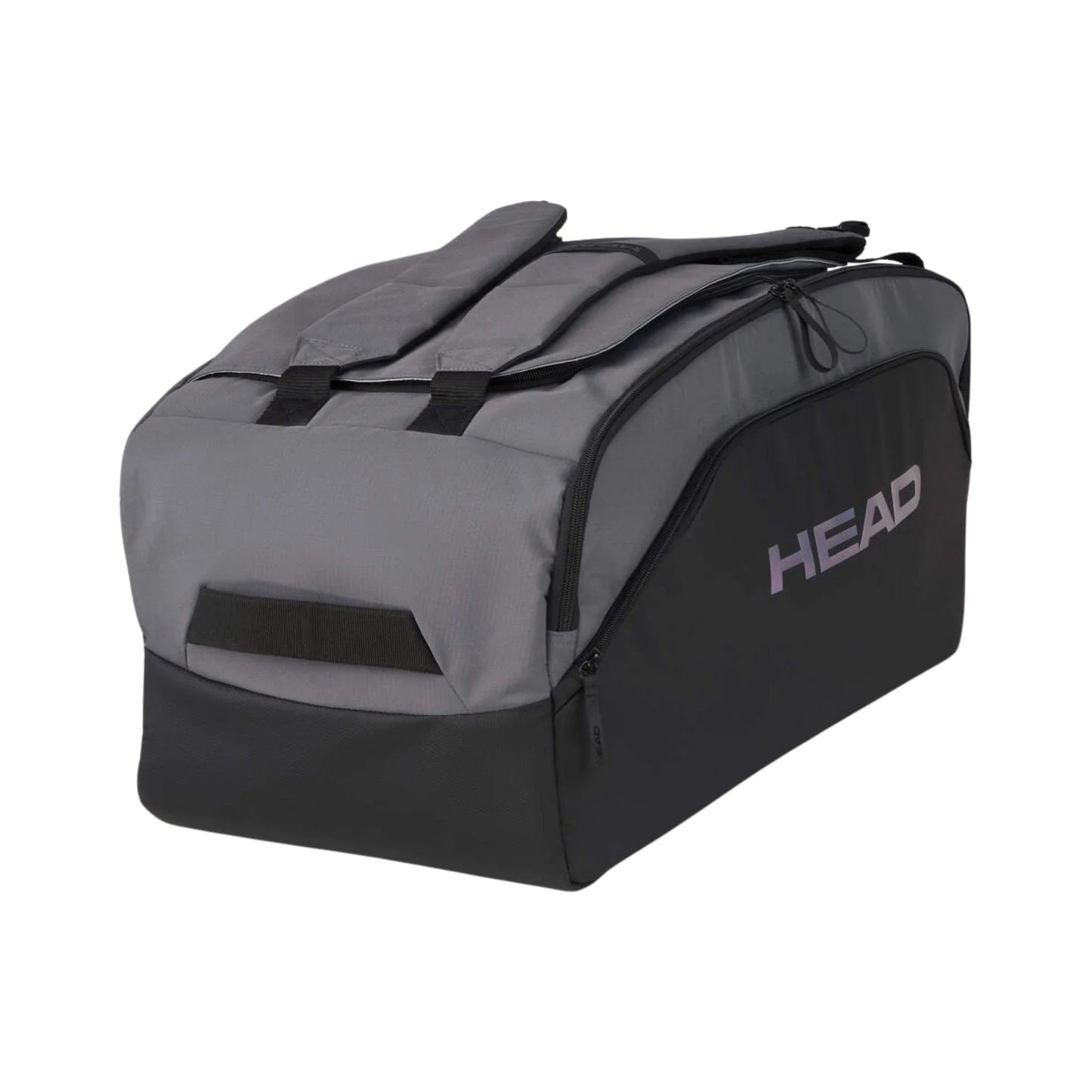 The Head Pro X Duffle Sport Bag BKDG by Padel USA is a large, gray and black sustainable sports bag with HEAD printed in white, multiple compartments including a shoe section, black zippers, two short handles, and a reinforced base.