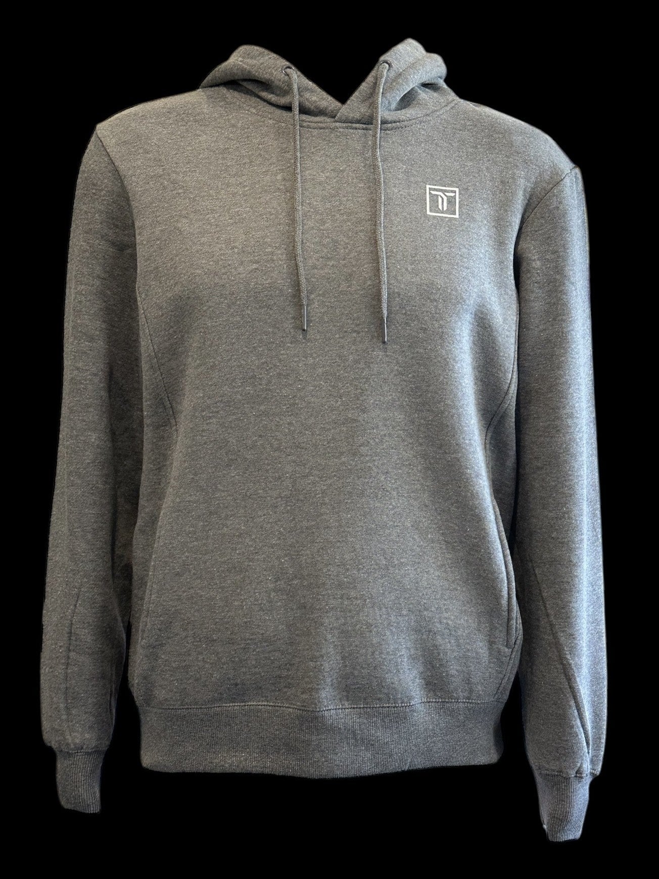 The Thrive Elite Hoodie by Thrive Pickleball is a light gray regular fit hoodie made from soft recycled polyester fleece, featuring a front pocket, drawstrings, and a small white square logo with a stylized “n” on the left chest.