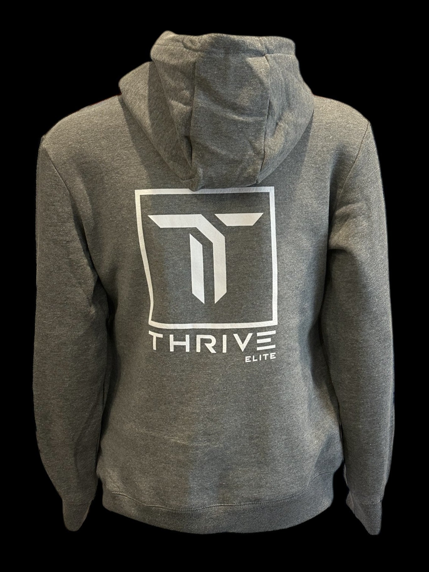 The Thrive Elite Hoodie by Thrive Pickleball is displayed from the back in gray recycled polyester, featuring a large white square logo with a stylized T and "THRIVE ELITE" below, centered on a black background.