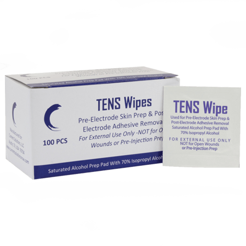 A white iReliev box labeled “TENS Prep Wipes” with blue text sits beside a single electrotherapy wipe packet. The box notes 100 pieces for pre-electrode skin prep and better impulse dispersion. Usage and caution info appear in blue text.