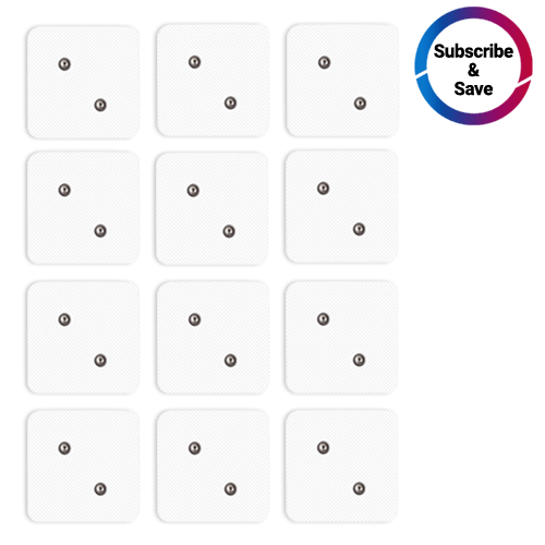 Twelve iReliev Wireless Small Pads Refill Kit hydrogel electrodes are arranged in a 3x4 grid, each showing three small black circles. The top right corner features a circular Subscribe & Save label with a blue-magenta gradient border.